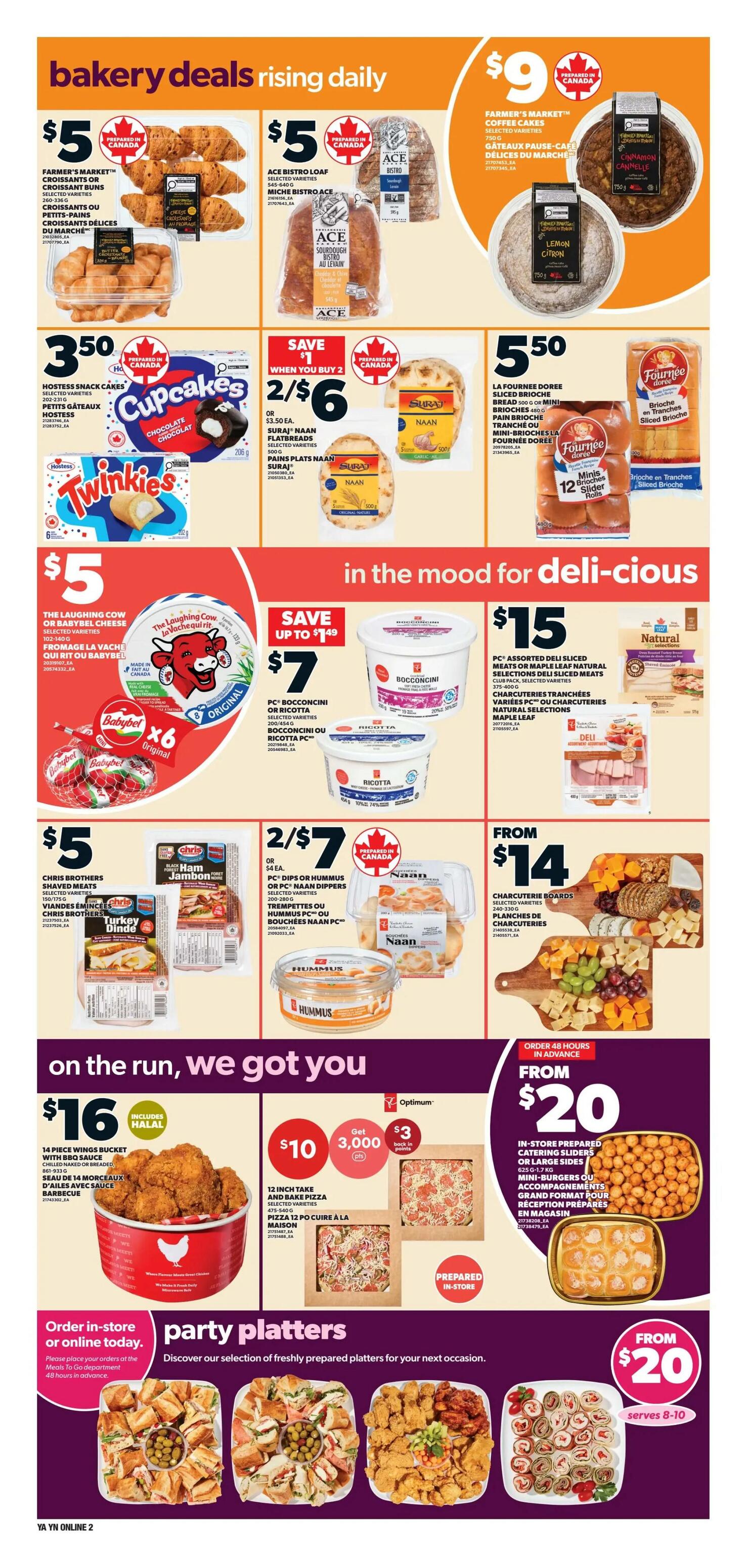 Independent flyer page 4 features bakery deals including Farmer's Market croissants or buns for $5, Ace Bistro loaf for $5, and Farmer's Market coffee cakes for $9. Also available are Hostess snack cakes for $3.50, and Suraj Naan flatbreads when you buy 2 for $6. La Fournee Doree sliced brioche or mini brioche sliders are $5.50. In the mood for deli-cious items, save up to $1.49 on PC Bocconcini or Ricotta for $7. PC Assorted deli sliced meats or maple leaf natural selections club pack are $15. Charcuterie boards are from $14. On the run, we've got you covered with a 14-piece chicken bucket with BBQ sauce for $16. Get a 12-inch take and bake pizza for $10, with 3,000 Optimum points and $3 back in points. In-store prepared catering sliders or large sides, mini-burgers or accompaniments are from $20. Party platters are also available, including sandwiches, fried chicken, and pinwheels.