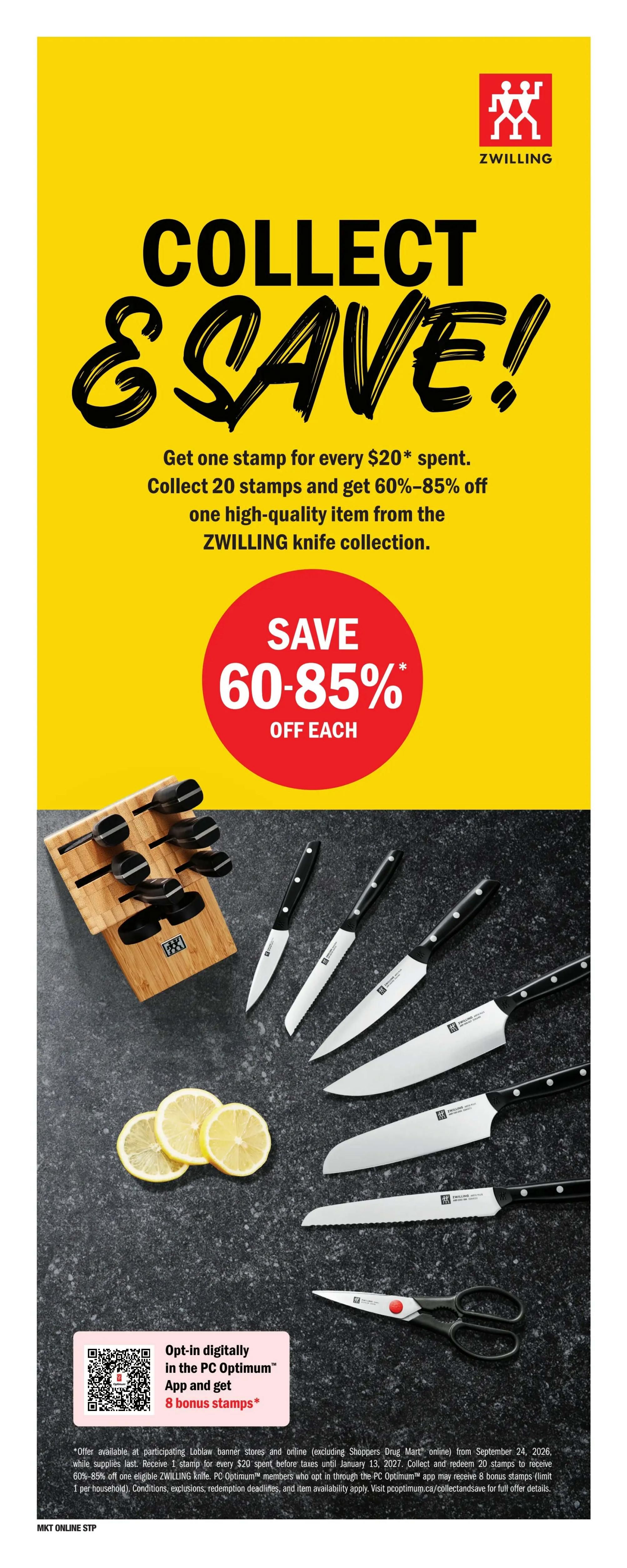 Independent Atlantic flyer page 7 features a 'Collect & Save!' promotion with ZWILLING knives. Get one stamp for every $20 spent, and collect 20 stamps to receive 60%-85% off one high-quality ZWILLING knife. The page displays a ZWILLING knife block set and several individual ZWILLING knives, including a chef's knife, santoku knife, utility knife, paring knife, and kitchen shears. A red circle highlights 'SAVE 60-85% OFF EACH'. Additionally, opt-in digitally in the PC Optimum App to get 8 bonus stamps. The offer is available at participating Loblaw banner stores and online, excluding Shoppers Drug Mart, while supplies last. Collect and redeem 20 stamps to receive 60%-85% off one eligible ZWILLING knife. PC Optimum members who opt in through the PC Optimum app may receive 8 bonus stamps. Conditions, exclusions, redemption deadlines, and item availability apply. Visit pcoptimum.ca/collectandsave for full offer details.