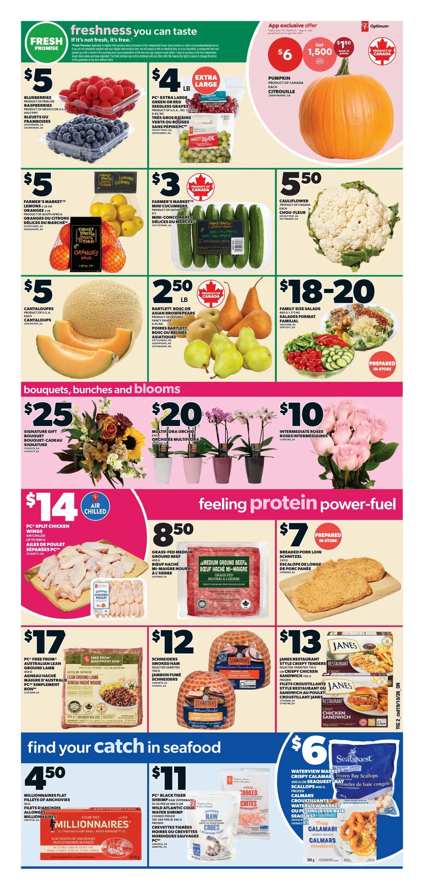 Independent flyer page 3 features a variety of fresh produce, including blueberries for $5, PC Extra Large Green or Red Seedless Grapes for $4/lb, Farmer's Market Lemons or Oranges for $5, Farmer's Market Mini Cucumbers for $3, Cauliflower for $5.50, Cantaloupes for $5, and Bartlett or Asian Brown Pears for $2.50/lb. Also available are Family Size Salads for $18-20. Floral arrangements include a Signature Gift Bouquet for $25, Multiflora Orchids for $20, and Intermediate Roses for $10. Protein options include PC Split Chicken Wings for $14, Grass-Fed Medium Ground Beef for $8.50, and Breaded Pork Loin Schnitzel for $7. In the seafood section, find Millionnaires Flat Fillets of Anchovies for $4.50, PC Black Tiger Shrimp for $11, and Waterview Market Crispy Calamari or Seaquest Bay Scallops for $6. The flyer highlights 'freshness you can taste' and 'feeling protein power-fuel' sections.