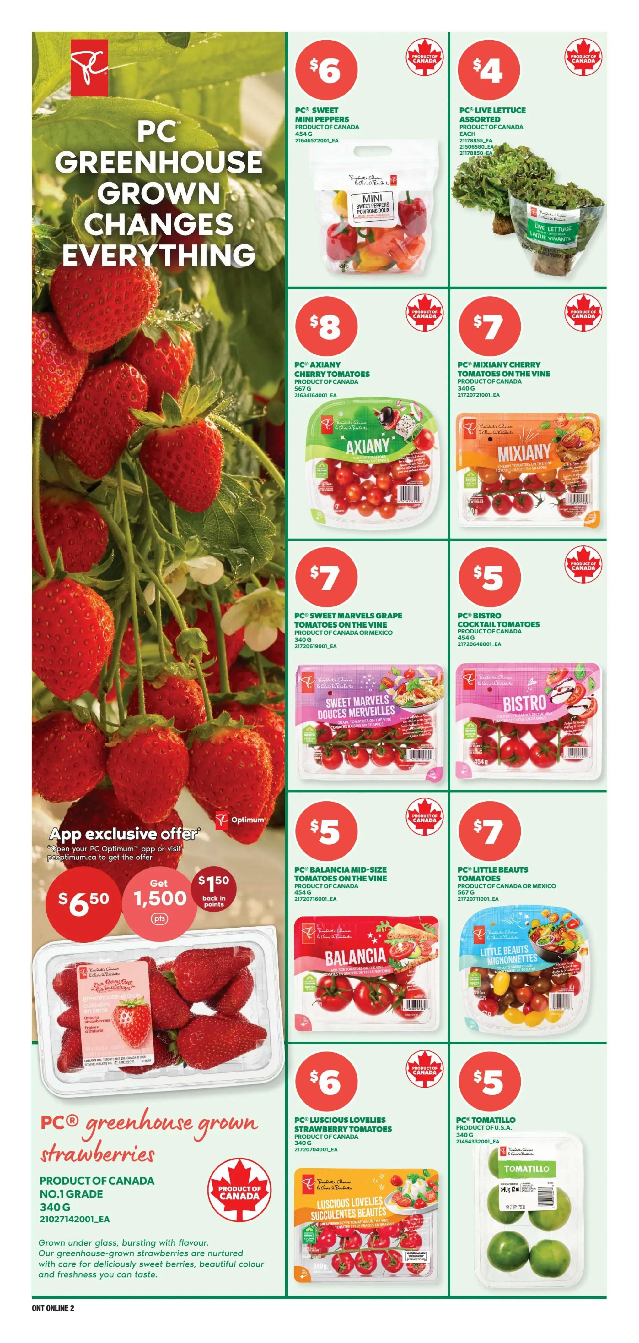 Independent flyer page 9 features PC greenhouse grown strawberries, product of Canada, No.1 grade, 340g for $6.50 with an app exclusive offer to get 1,500 Optimum points back. Other featured produce includes PC Sweet Mini Peppers for $6, PC Live Lettuce Assorted for $4, PC Axiany Cherry Tomatoes for $8, PC Mixiany Cherry Tomatoes on the Vine for $7, PC Sweet Marvels Grape Tomatoes on the Vine for $7, PC Balancia Mid-Size Tomatoes on the Vine for $5, PC Little Beauts Tomatoes for $7, PC Luscious Lovelies Strawberry Tomatoes for $6, and PC Tomatillo from the U.S.A. for $5.