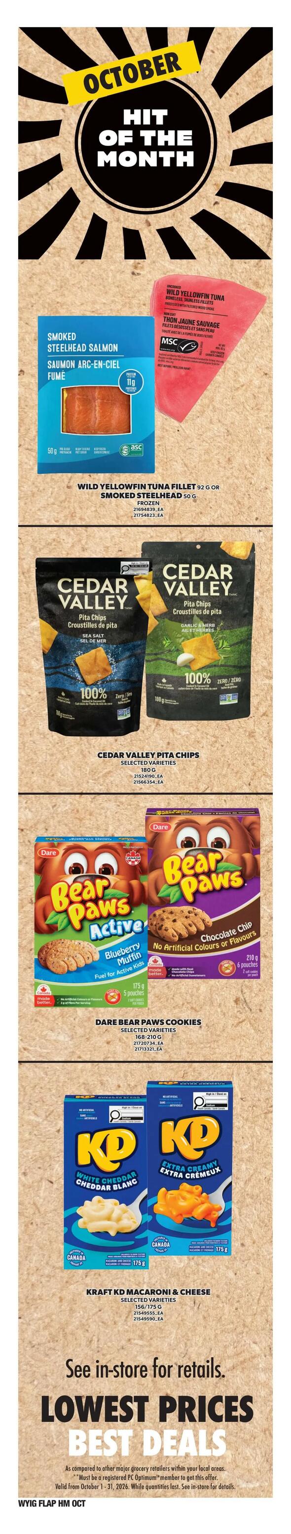 Independent flyer page 6 features October's 'Hit of the Month' specials. Highlighted items include Wild Yellowfin Tuna Fillet (92g) and Smoked Steelhead Salmon (50g), both frozen. Also featured are Cedar Valley Pita Chips in Sea Salt and Garlic & Herb varieties (180g), Dare Bear Paws Cookies in Active Blueberry Muffin and Chocolate Chip flavours (168-210g), and Kraft KD Macaroni & Cheese in White Cheddar and Extra Creamy varieties (156/175g). The flyer also promotes 'Lowest Prices, Best Deals' with a note to see in-store for retail prices. Some offers require PC Optimum membership and are valid from October 1-31, 2026, while quantities last.