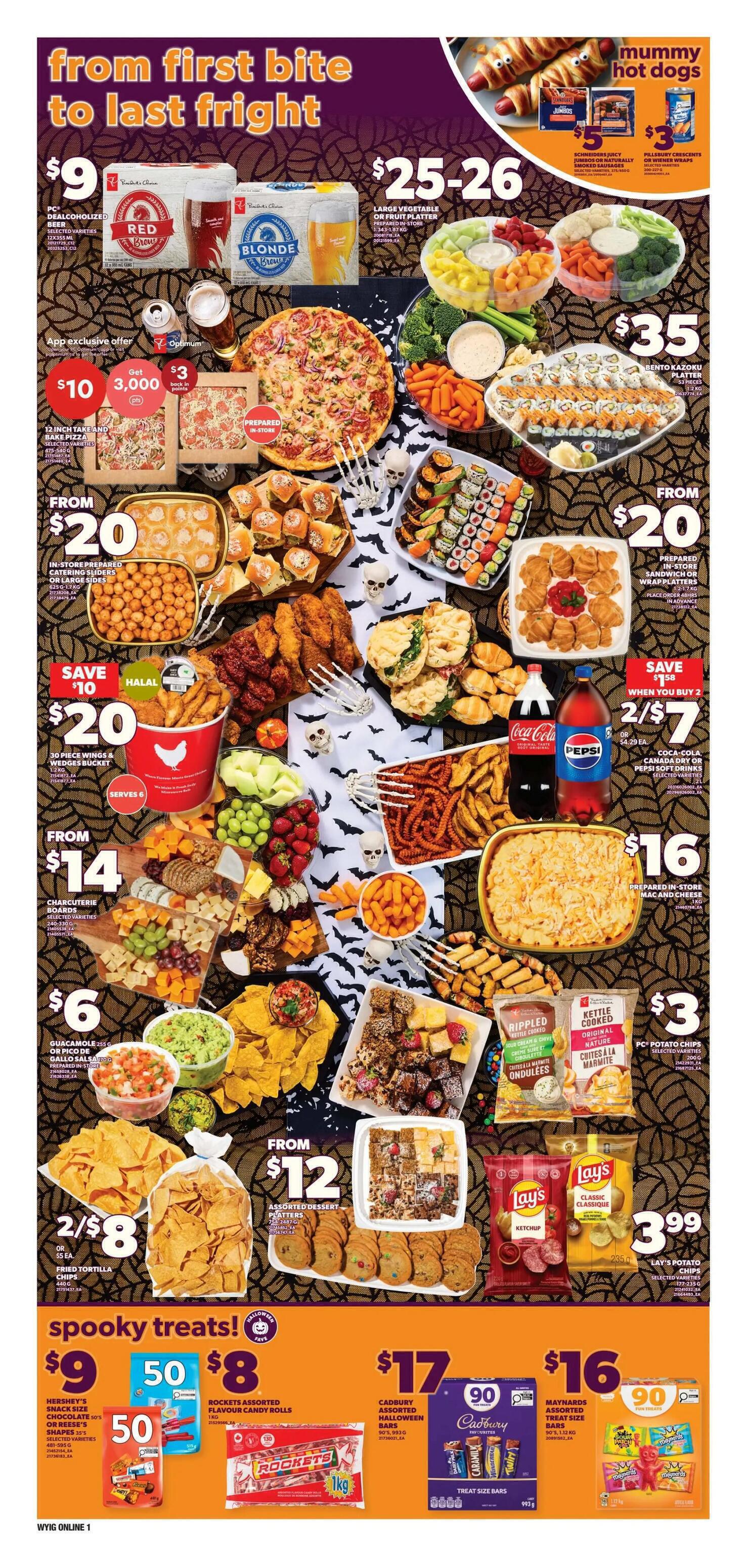 Independent flyer page 7 features Halloween-themed party foods and treats. Deals include selected varieties of PC alcohol-free beer for $9, and large vegetable or fruit platters for $25-26. App exclusive offer: 12-inch take and bake pizza for $10 with 3,000 Optimum points back. Mummy hot dogs are $5, and Pillsbury croissants or wiener wraps are $3. Sushi platters are $35, and Bento Kazoku platters are $35. In-store prepared catering sliders or large sides start from $20. A 30-piece wings and wedges bucket is $20, save $10. Guacamole or Pico de Gallo salsa is $6. Charcuterie boards start from $14. Coca-Cola Canada Dry or Pepsi soft drinks are 2 for $7 when you buy 2. Prepared in-store mac and cheese is $16. Lay's potato chips are $3.99. Assorted dessert platters start from $12, including cookies and brownies. Fried tortilla chips are 2 for $8. Spooky treats include Hershey's snack size chocolate bars for $9, Rockets assorted flavour candy rolls for $8, Cadbury assorted Halloween bars for $17, and Maynards assorted treat size bars for $16.