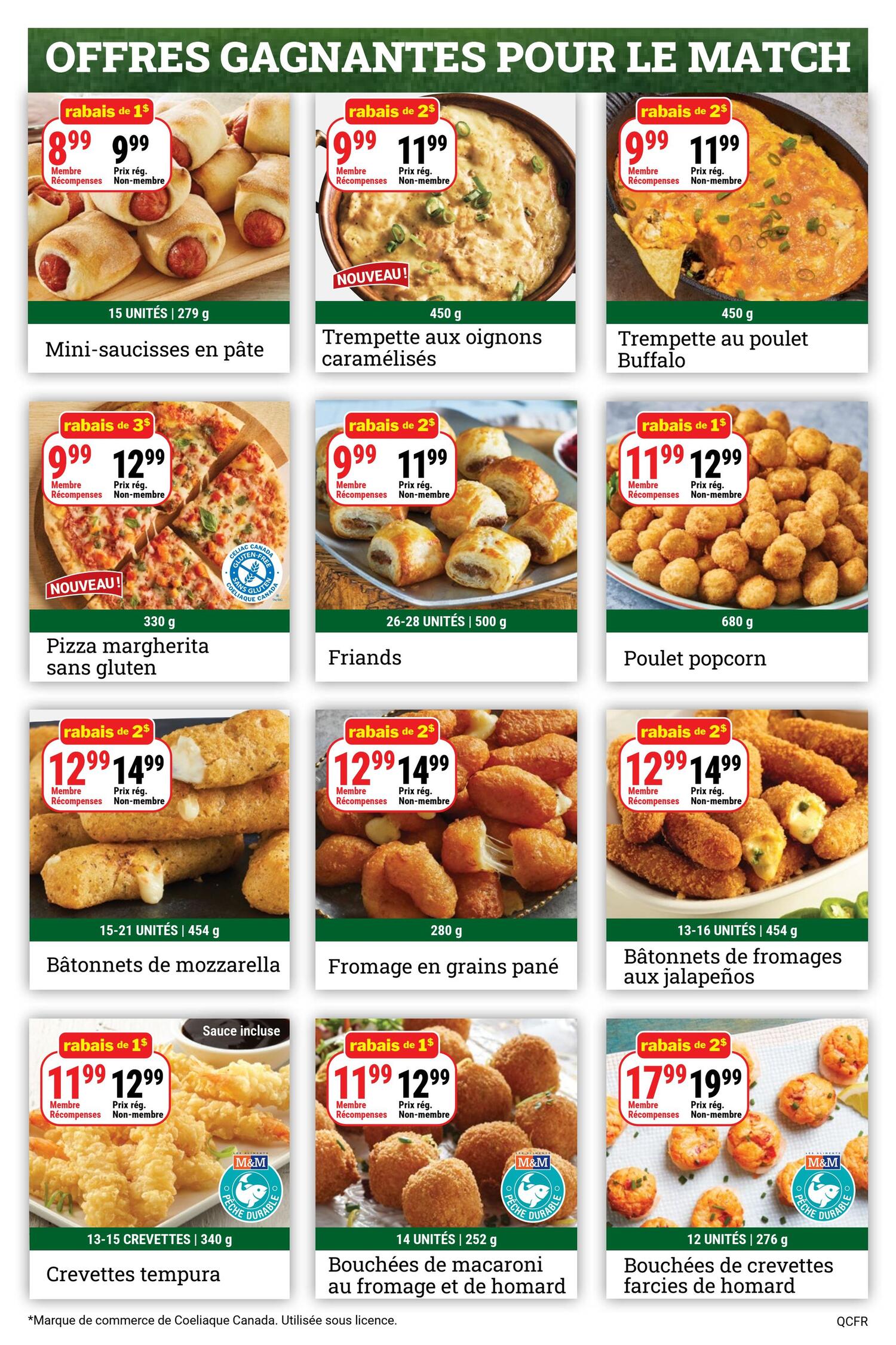 M&M Food Market weekly flyer specials page 2 features winning offers for the match. Top row includes Mini-sausages in pastry for $8.99 (save $1), Caramelized onion dip for $9.99 (save $2), and Buffalo chicken dip for $9.99 (save $2). Middle row showcases Gluten-free Margherita pizza for $9.99 (save $3), Friands for $9.99 (save $2), and Popcorn chicken for $11.99 (save $1). Bottom row offers Mozzarella sticks for $12.99 (save $2), Breaded cheese bites for $12.99 (save $2), Jalapeño cheese bites for $12.99 (save $2). The final row features Tempura shrimp with sauce included for $11.99 (save $1), Macaroni and cheese bites for $11.99 (save $1), and Stuffed shrimp bites for $17.99 (save $2).