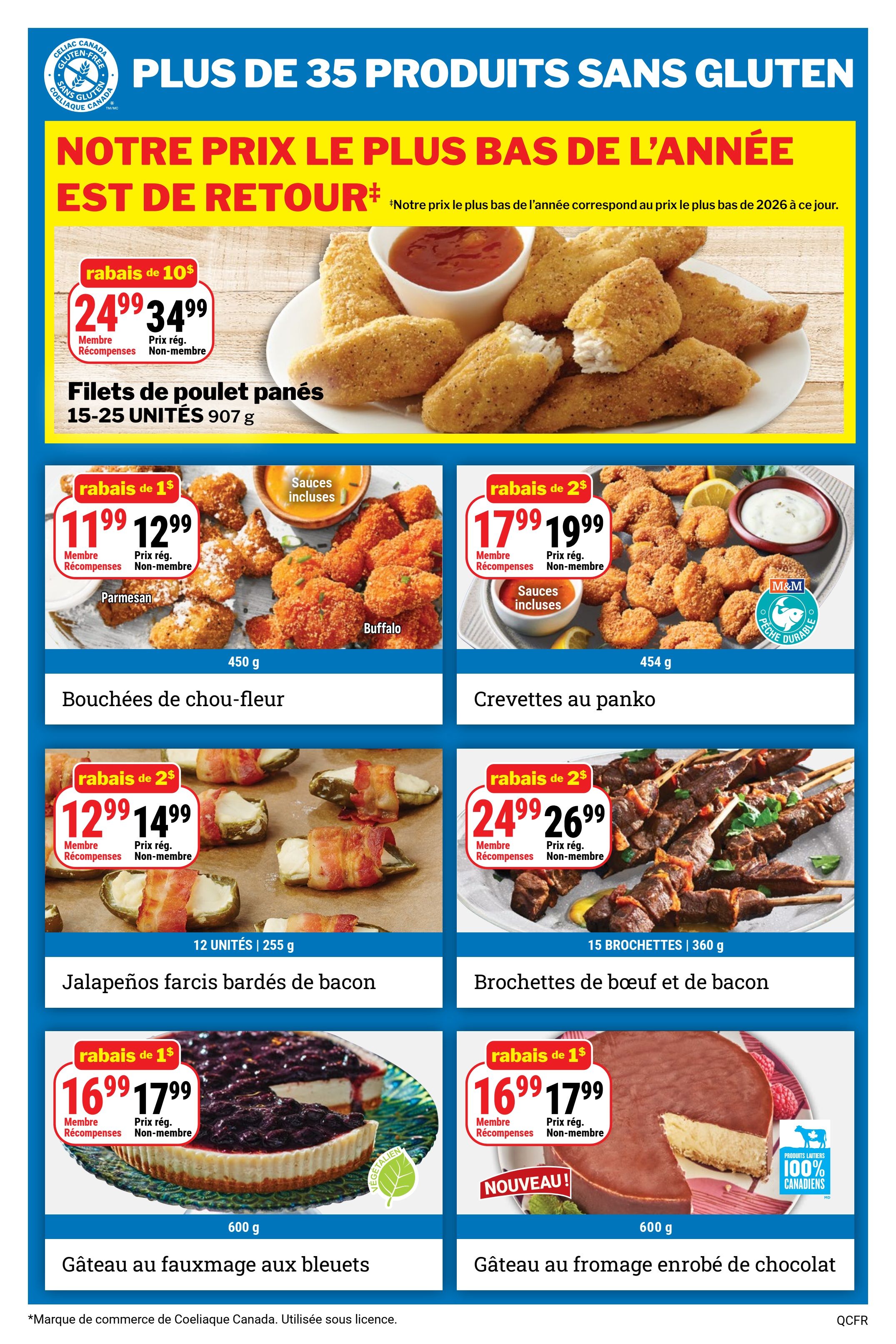 M&M Food Market weekly flyer specials page 3, featuring 'Our Lowest Prices of the Year Are Back!' with over 35 gluten-free products. Top banner highlights gluten-free products. Main image shows breaded chicken fillets, 15-25 units, 907 g, on sale for $24.99 (regular $34.99), a $10 discount. Below, breaded cauliflower bites (Parmesan and Buffalo styles) with sauces included, 450 g, are on sale for $11.99 (regular $12.99), a $1 discount. Panko breaded shrimp with sauces included, 454 g, are on sale for $17.99 (regular $19.99), a $2 discount. Also featured are bacon-wrapped jalapeño poppers, 12 units | 255 g, on sale for $12.99 (regular $14.99), a $2 discount, and beef and bacon skewers, 15 skewers | 360 g, on sale for $24.99 (regular $26.99), a $2 discount. Finally, a blueberry cheesecake, 600 g, is on sale for $16.99 (regular $17.99), a $1 discount. A new chocolate-covered cheesecake, 600 g, made with 100% Canadian dairy, is also on sale for $16.99 (regular $17.99), a $1 discount.