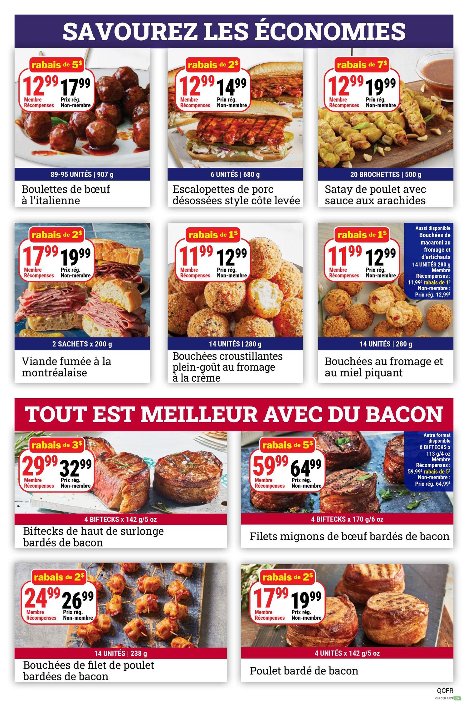 M&M Food Market weekly flyer specials page 5. Top row features Italian-style beef meatballs on sale for $12.99 (member price) or $17.99 (non-member price) for 89-95 units/907 g, pork escalopes with pulled pork style side ribs for $12.99 (member price) or $14.99 (non-member price) for 6 units/680 g, and chicken satay skewers with peanut sauce for $12.99 (member price) or $19.99 (non-member price) for 20 skewers/500 g. Middle row includes Montreal-style smoked meat for $17.99 (member price) or $19.99 (non-member price) for 2 bags/200 g, crispy cream cheese bites for $11.99 (member price) or $12.99 (non-member price) for 14 units/280 g, and sweet and spicy honey cheese bites for $11.99 (member price) or $12.99 (non-member price) for 14 units/280 g. The bottom section, 'Everything is better with bacon', showcases bacon-wrapped beef tenderloin steaks for $29.99 (member price) or $32.99 (non-member price) for 4 biftecks/142 g (5 oz), bacon-wrapped beef filet mignons for $59.99 (member price) or $64.99 (non-member price) for 4 biftecks/170 g (6 oz), bacon-wrapped chicken breast for $17.99 (member price) or $19.99 (non-member price) for 4 units/142 g (5 oz), and bacon-wrapped pork tenderloin bites for $24.99 (member price) or $26.99 (non-member price) for 14 units/238 g.
