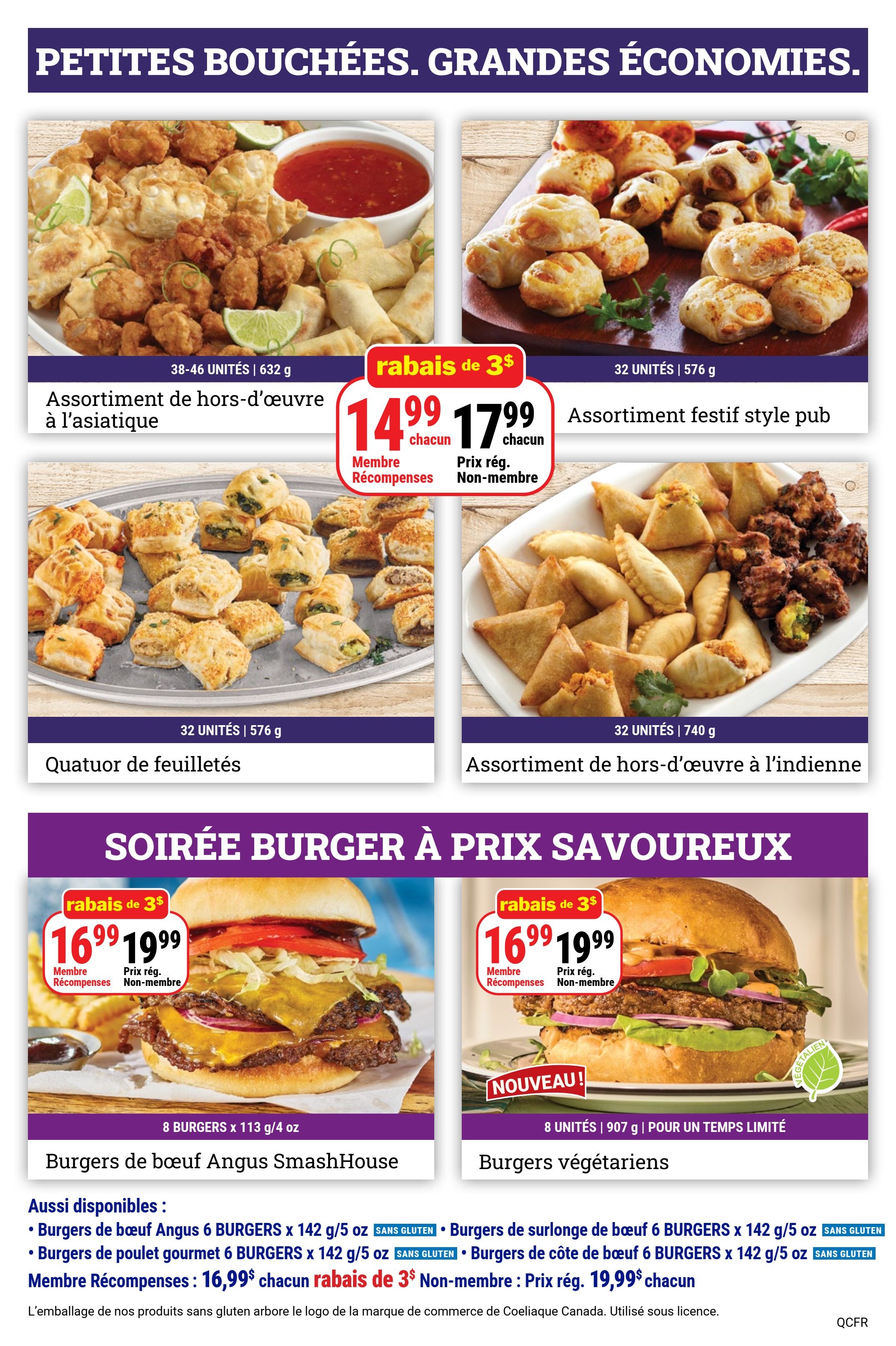 M&M Food Market weekly flyer specials, page 6. Top section features 'Petites Bouchées, Grandes Économies' (Small Bites, Big Savings). Offers include Asian-style appetizer assortment, 38-46 units, 632g, for $14.99 each for Rewards Members (regular price $17.99). Also, pub-style festive appetizer assortment, 32 units, 576g. Puff pastry assortment, 32 units, 576g. Indian-style appetizer assortment, 32 units, 740g. Bottom section highlights 'Soirée Burger à Prix Savoureux' (Burger Night at Savoury Prices). Angus SmashHouse beef burgers, 8 burgers, 113g/4oz each, are $16.99 for Rewards Members (regular price $19.99). Also available: Angus beef burgers, 6 burgers x 142g/5oz (gluten-free); gourmet chicken burgers, 6 burgers x 142g/5oz (gluten-free); sirloin beef burgers, 6 burgers x 142g/5oz (gluten-free); and rib beef burgers, 6 burgers x 142g/5oz (gluten-free). Vegetarian burgers, 8 units, 907g, are a limited-time offer and priced at $16.99 for Rewards Members (regular price $19.99). Rewards Member pricing: $16.99 each, regular price $19.99 each.