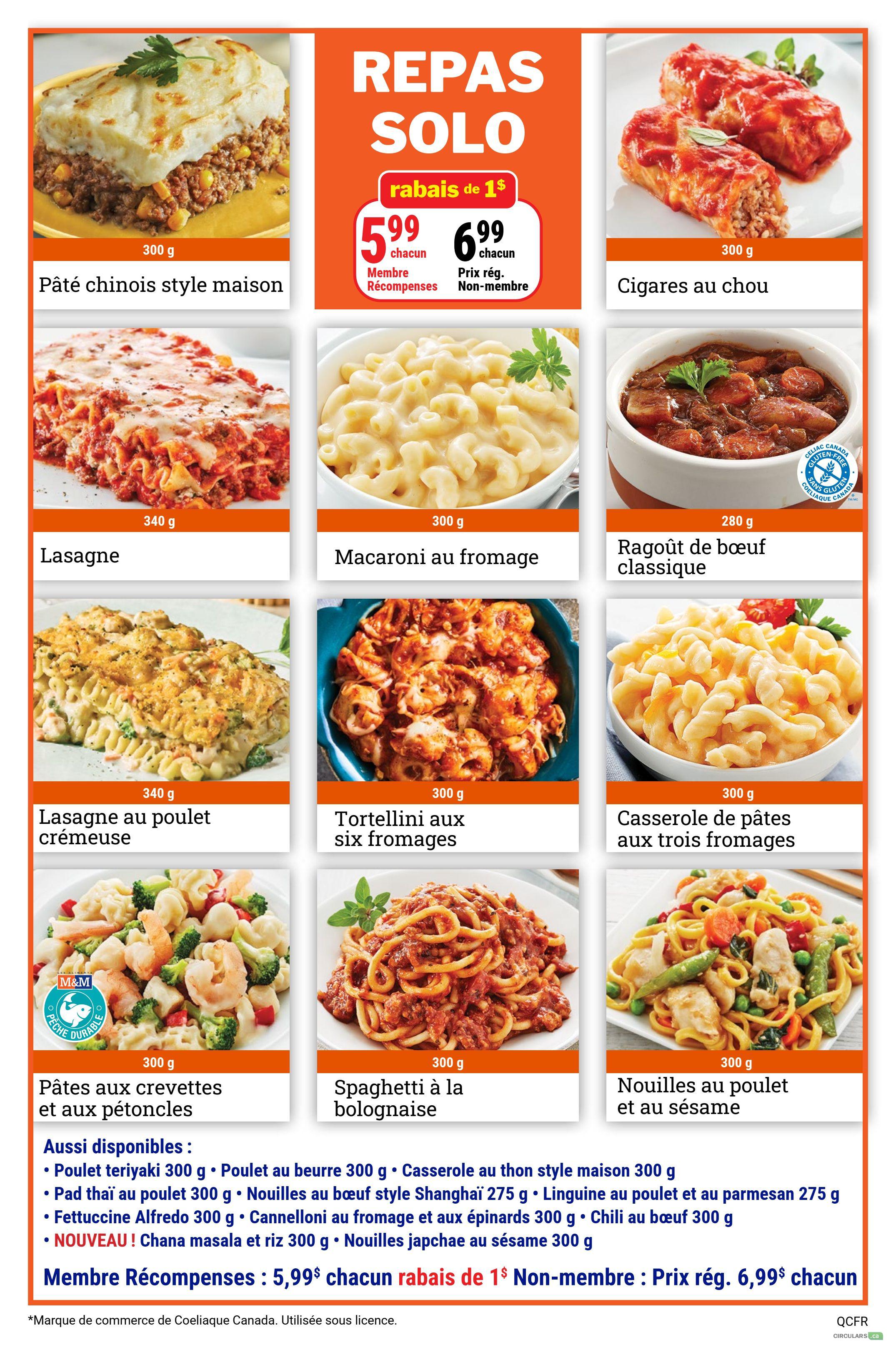 M&M Food Market weekly flyer specials page 8 features a 'Repas Solo' promotion with a $1 discount. Pictured are: Home-style Shepherd's Pie for $5.99 each for Rewards Members (regular price $6.99), and Cabbage Rolls for $6.99 each. Other featured meals include Lasagna, Macaroni and Cheese, Classic Beef Stew (gluten-free), Creamy Chicken Lasagna, Six-Cheese Tortellini, and Three-Cheese Pasta Casserole, all priced at $6.99 each. Also available are Shrimp and Scallop Pasta, Spaghetti Bolognese, and Chicken and Sesame Noodles, each for $6.99. Additional available items include Teriyaki Chicken 300g, Butter Chicken 300g, Pad Thai with Chicken 300g, Shanghai-style Beef Noodles 275g, Linguine with Chicken and Parmesan 275g, Fettuccine Alfredo 300g, Cannelloni with Cheese and Spinach 300g, Chili Beef 300g, and NEW! Chana Masala and Rice 300g, and Japchae Noodles with Sesame 300g. The flyer highlights a special offer for Rewards Members: $5.99 each with a $1 discount, with the regular price for non-members at $6.99 each.