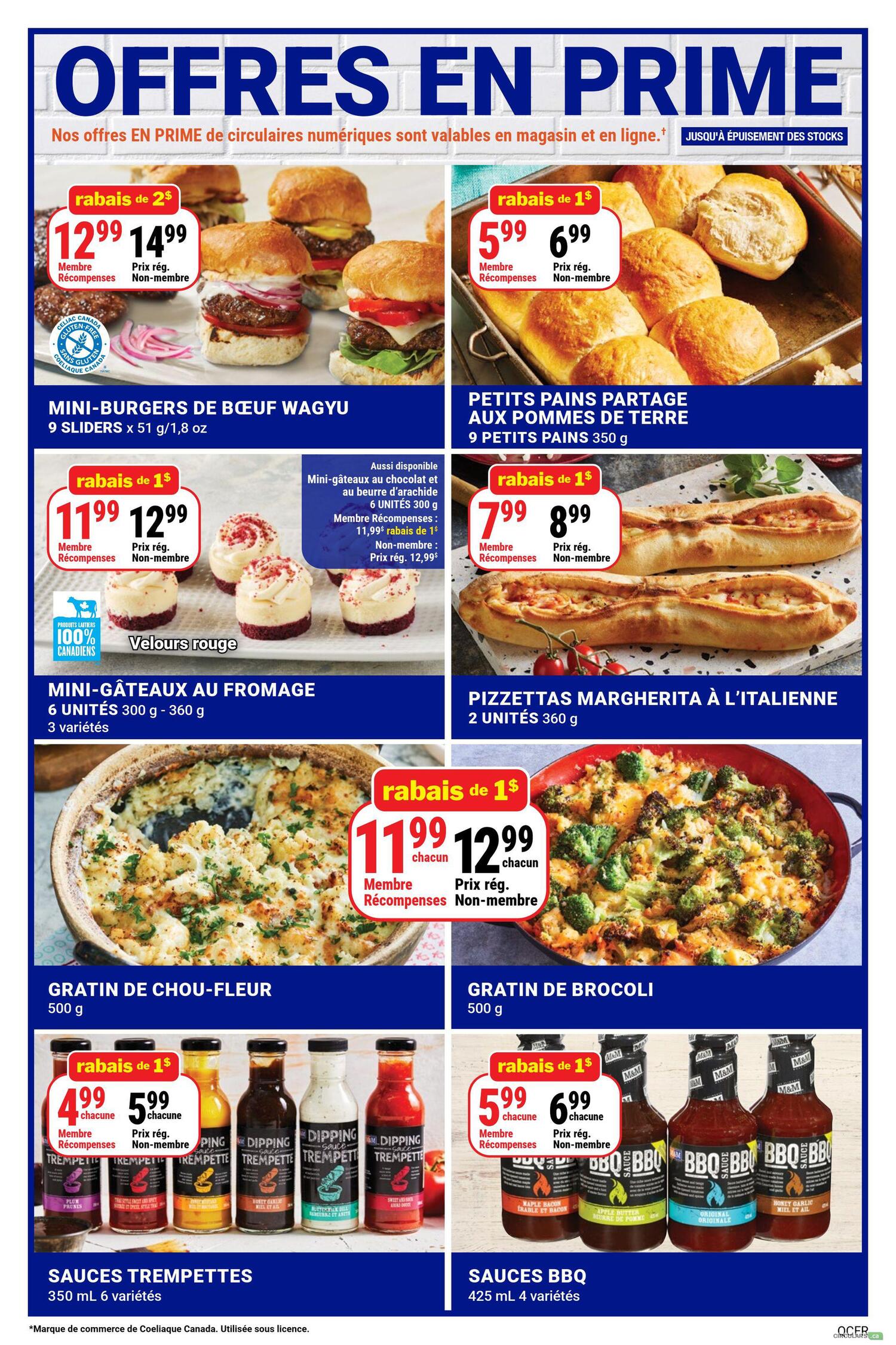 M&M Food Market weekly flyer specials page 10 features several prime offers. Top row includes Mini-Wagyu Beef Burgers, 9 sliders x 51 g/1.8 oz, on sale for $12.99 with a $2 discount from the regular price of $14.99 for non-members, and Member Rewards price is $12.99. Also featured are Potato Share Rolls, 9 small rolls, 350 g, for $5.99 with a $1 discount from the regular price of $6.99 for non-members, and Member Rewards price is $5.99. Second row showcases Mini-Cheesecakes, 6 units, 300 g - 360 g, available in 3 varieties, with a $1 discount, priced at $11.99 for Member Rewards and $12.99 for non-members. Also available are Mini-Chocolate and Peanut Butter Cheesecakes, 6 units, 300 g, Member Rewards price $11.99, non-member regular price $12.99. Italian Margherita Pizzettas, 2 units, 360 g, are on sale for $7.99 with a $1 discount from the regular price of $8.99 for non-members, and Member Rewards price is $7.99. Bottom row features Cauliflower Gratin, 500 g, for $11.99 each with a $1 discount from the regular price of $12.99 each for non-members, and Member Rewards price is $11.99 each. Broccoli Gratin, 500 g, is also on sale for $5.99 each with a $1 discount from the regular price of $6.99 each for non-members, and Member Rewards price is $5.99 each. Finally, Trempettes Sauces, 350 mL, 6 varieties, are priced at $4.99 each with a $1 discount from the regular price of $5.99 each for non-members, and Member Rewards price is $4.99 each. BBQ Sauces, 425 mL, 4 varieties, are on sale for $5.99 each with a $1 discount from the regular price of $6.99 each for non-members, and Member Rewards price is $5.99 each.