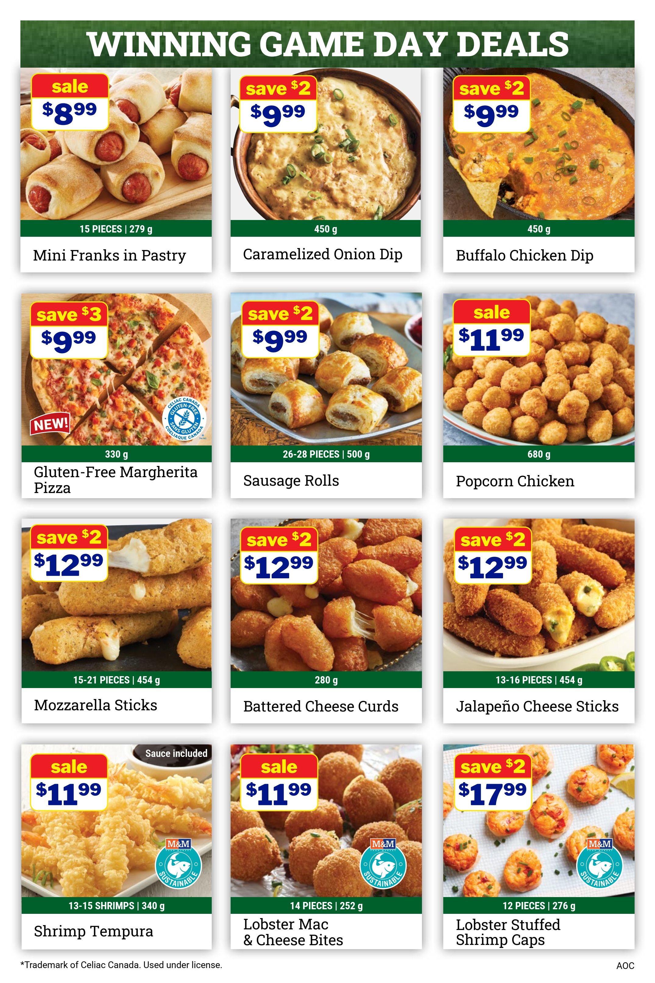 M&M Food Market weekly flyer specials page 2, featuring 'Winning Game Day Deals'. Top row: Mini Franks in Pastry, 15 pieces, 279g, on sale for $8.99. Caramelized Onion Dip, 450g, save $2, now $9.99. Buffalo Chicken Dip, 450g, save $2, now $9.99. Middle row: NEW Gluten-Free Margherita Pizza, 330g, save $3, now $9.99. Sausage Rolls, 26-28 pieces, 500g, save $2, now $9.99. Popcorn Chicken, 680g, on sale for $11.99. Bottom row: Mozzarella Sticks, 15-21 pieces, 454g, save $2, now $12.99. Battered Cheese Curds, 280g, save $2, now $12.99. Jalapeño Cheese Sticks, 13-16 pieces, 454g, save $2, now $12.99. Last row: Shrimp Tempura, 13-15 shrimps, 340g, sauce included, on sale for $11.99. Lobster Mac & Cheese Bites, 14 pieces, 252g, on sale for $11.99. Lobster Stuffed Shrimp Caps, 12 pieces, 276g, save $2, now $17.99.