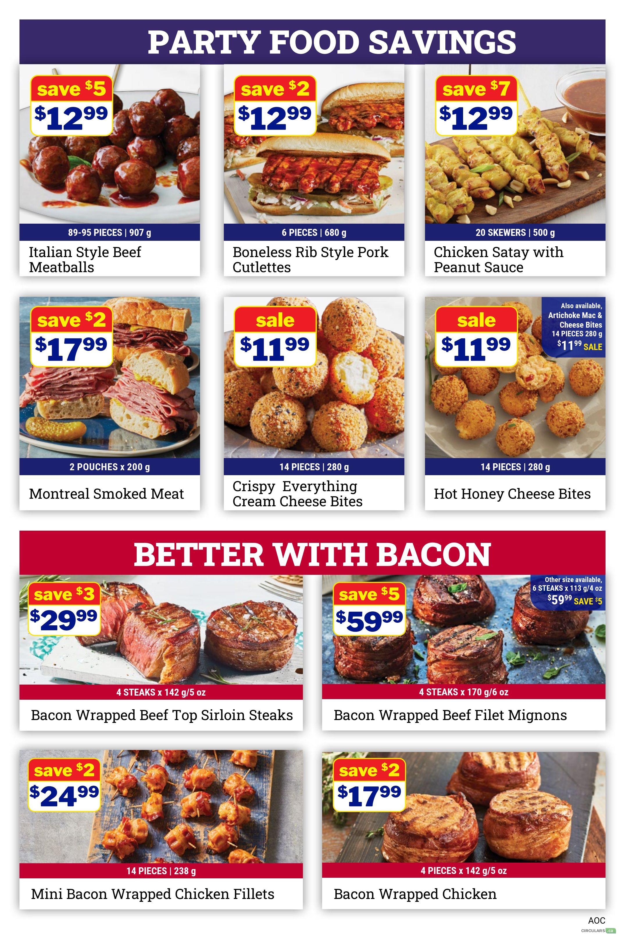 M&M Food Market flyer page 5 featuring Party Food Savings. Offers include Italian Style Beef Meatballs, 89-95 pieces for $12.99 (save $5); Boneless Rib Style Pork Cutlettes, 6 pieces for $12.99 (save $2); and Chicken Satay with Peanut Sauce, 20 skewers for $12.99 (save $7). Also featured are Montreal Smoked Meat, 2 pouches for $17.99 (save $2); Crispy Everything Cream Cheese Bites, 14 pieces for $11.99; and Hot Honey Cheese Bites, 14 pieces for $11.99. The 'Better With Bacon' section includes Bacon Wrapped Beef Top Sirloin Steaks, 4 steaks for $29.99 (save $3); Bacon Wrapped Beef Filet Mignons, 4 steaks for $59.99 (save $5), with another size available for $59.99 (save $5); Mini Bacon Wrapped Chicken Fillets, 14 pieces for $24.99 (save $2); and Bacon Wrapped Chicken, 4 pieces for $17.99 (save $2).