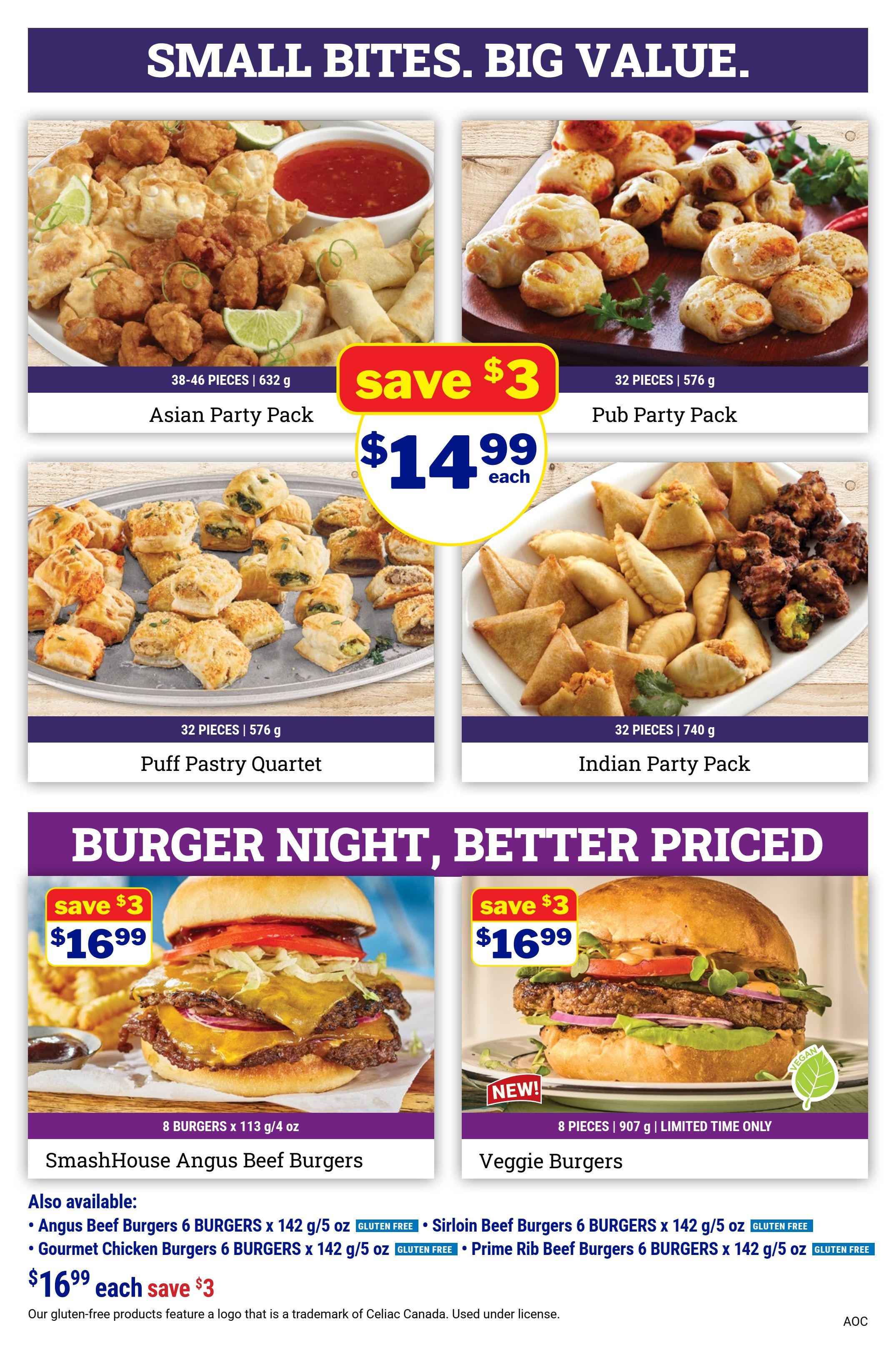 M&M Food Market flyer page 6 featuring 'Small Bites. Big Value.' and 'Burger Night, Better Priced.' Top section showcases party packs: Asian Party Pack (38-46 pieces, 632 g) for $14.99, Pub Party Pack (32 pieces, 576 g) for $14.99, Puff Pastry Quartet (32 pieces, 576 g) for $14.99, and Indian Party Pack (32 pieces, 740 g) for $14.99. All these items save $3. The bottom section highlights burgers: SmashHouse Angus Beef Burgers (8 burgers, 113 g/4 oz) for $16.99, saving $3. New Veggie Burgers (8 pieces, 907 g, limited time only) are also available for $16.99, saving $3. Additional burger options include Angus Beef Burgers, Gourmet Chicken Burgers, Sirloin Beef Burgers, and Prime Rib Beef Burgers, all in 6-burger packs (142 g/5 oz) and noted as gluten-free. The price for these additional burgers is $16.99 each, saving $3.