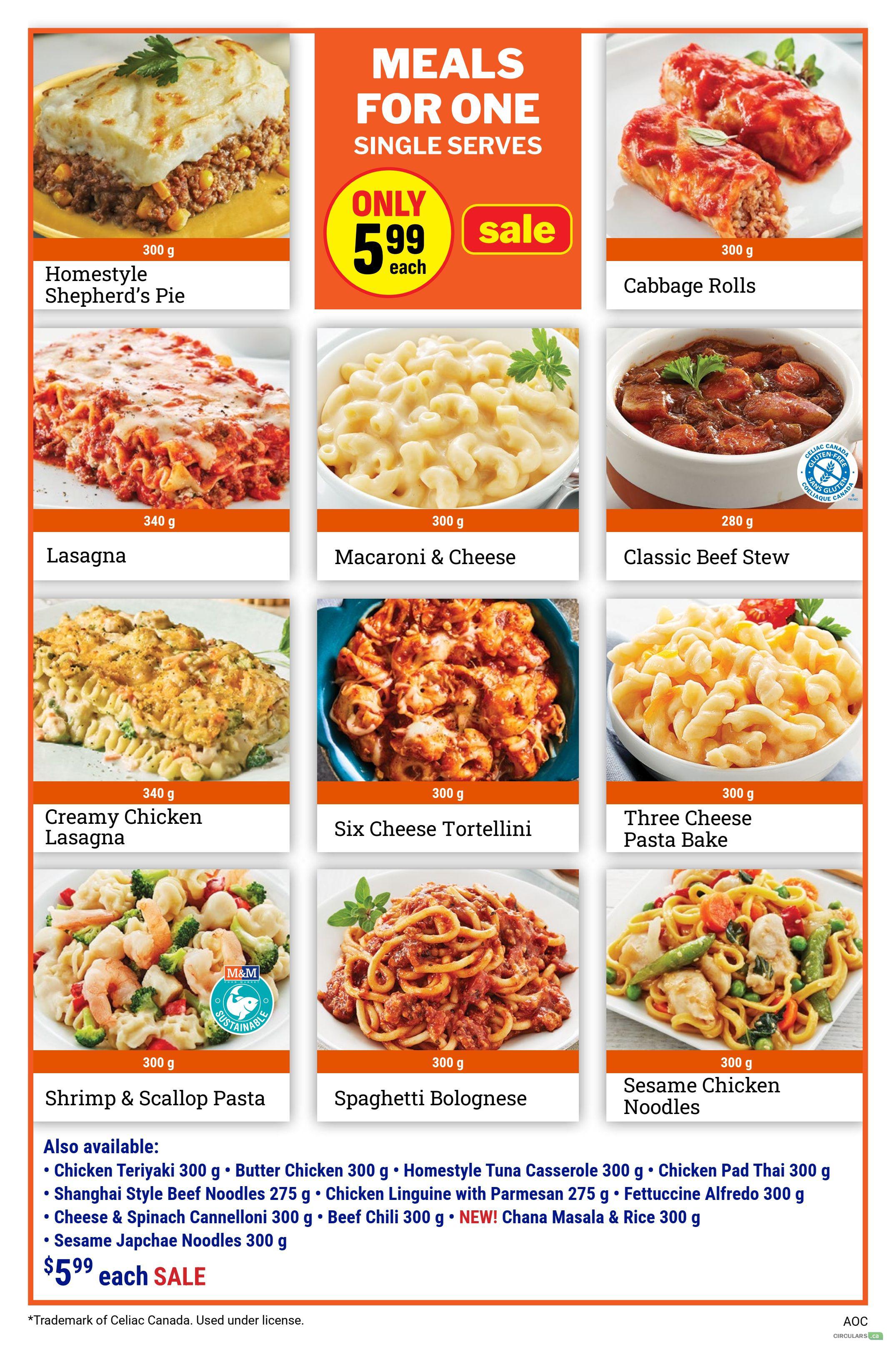 M&M Food Market flyer page 8 features 'Meals for One' with select single-serve meals on sale for $5.99 each. Pictured are Homestyle Shepherd's Pie (300 g), Cabbage Rolls (300 g), Lasagna (340 g), Macaroni & Cheese (300 g), Classic Beef Stew (280 g), Creamy Chicken Lasagna (340 g), Six Cheese Tortellini (300 g), and Three Cheese Pasta Bake (300 g). Also available are Shrimp & Scallop Pasta (300 g), Spaghetti Bolognese (300 g), and Sesame Chicken Noodles (300 g). Additional 'also available' items include Chicken Teriyaki (300 g), Butter Chicken (300 g), Homestyle Tuna Casserole (300 g), Chicken Pad Thai (300 g), Shanghai Style Beef Noodles (275 g), Chicken Linguine with Parmesan (275 g), Fettuccine Alfredo (300 g), Cheese & Spinach Cannelloni (300 g), Beef Chili (300 g), and NEW! Chana Masala & Rice (300 g). All these additional items are also on sale for $5.99 each.