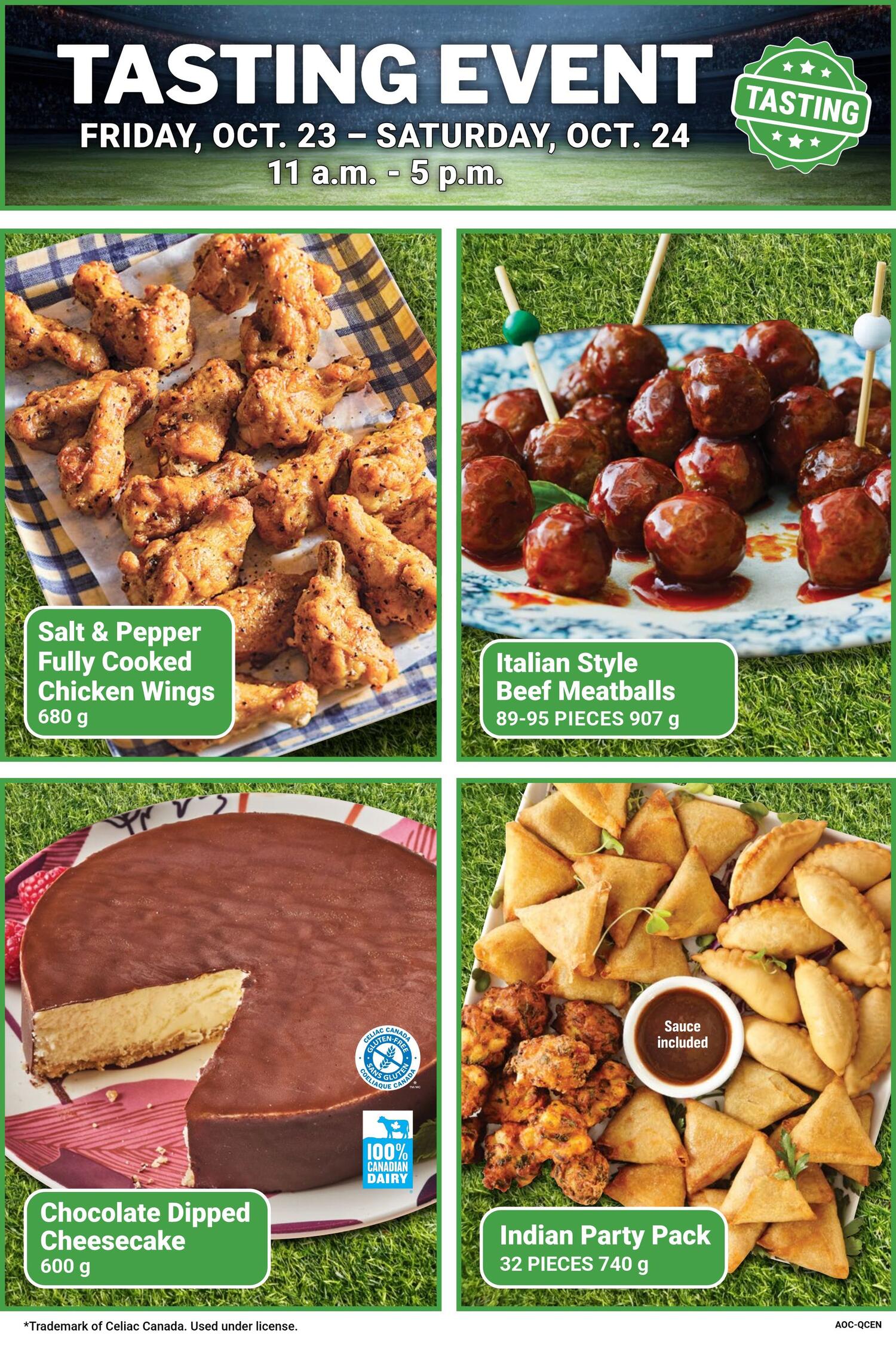 M&M Food Market flyer page 4 features a Tasting Event on Friday, October 23 to Saturday, October 24, from 11 a.m. to 5 p.m. Products featured include Salt & Pepper Fully Cooked Chicken Wings, 680 g; Italian Style Beef Meatballs, 89-95 pieces, 907 g; Chocolate Dipped Cheesecake, 600 g, which is gluten-free and made with 100% Canadian dairy; and an Indian Party Pack with 32 pieces, 740 g, including sauce.