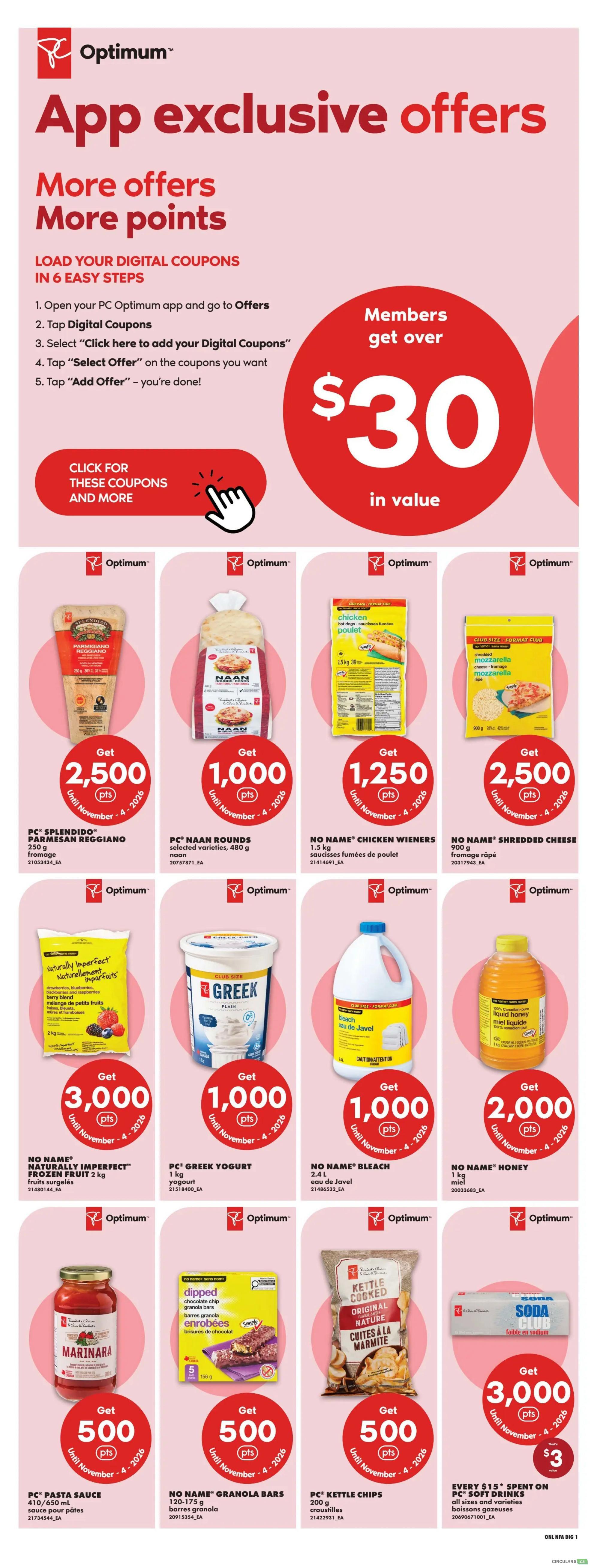 No Frills flyer page 8 features app-exclusive offers and PC Optimum bonus points. Load digital coupons in 6 easy steps to get over $30 in value. Featured products include PC Splendido Parmesano Reggiano for 2,500 points, PC Naan Rounds for 1,000 points, No Name Chicken Wieners for 1,250 points, and No Name Shredded Cheese for 2,500 points. Also available are No Name Naturally Imperfect Frozen Fruit for 3,000 points, PC Greek Yogurt for 1,000 points, No Name Bleach for 1,000 points, and No Name Honey for 2,000 points. Additional offers include PC Pasta Sauce for 500 points, No Name Granola Bars for 500 points, PC Kettle Chips for 500 points, and a special offer on PC Soft Drinks: get 3,000 points for every $15 spent, with a $3 value.