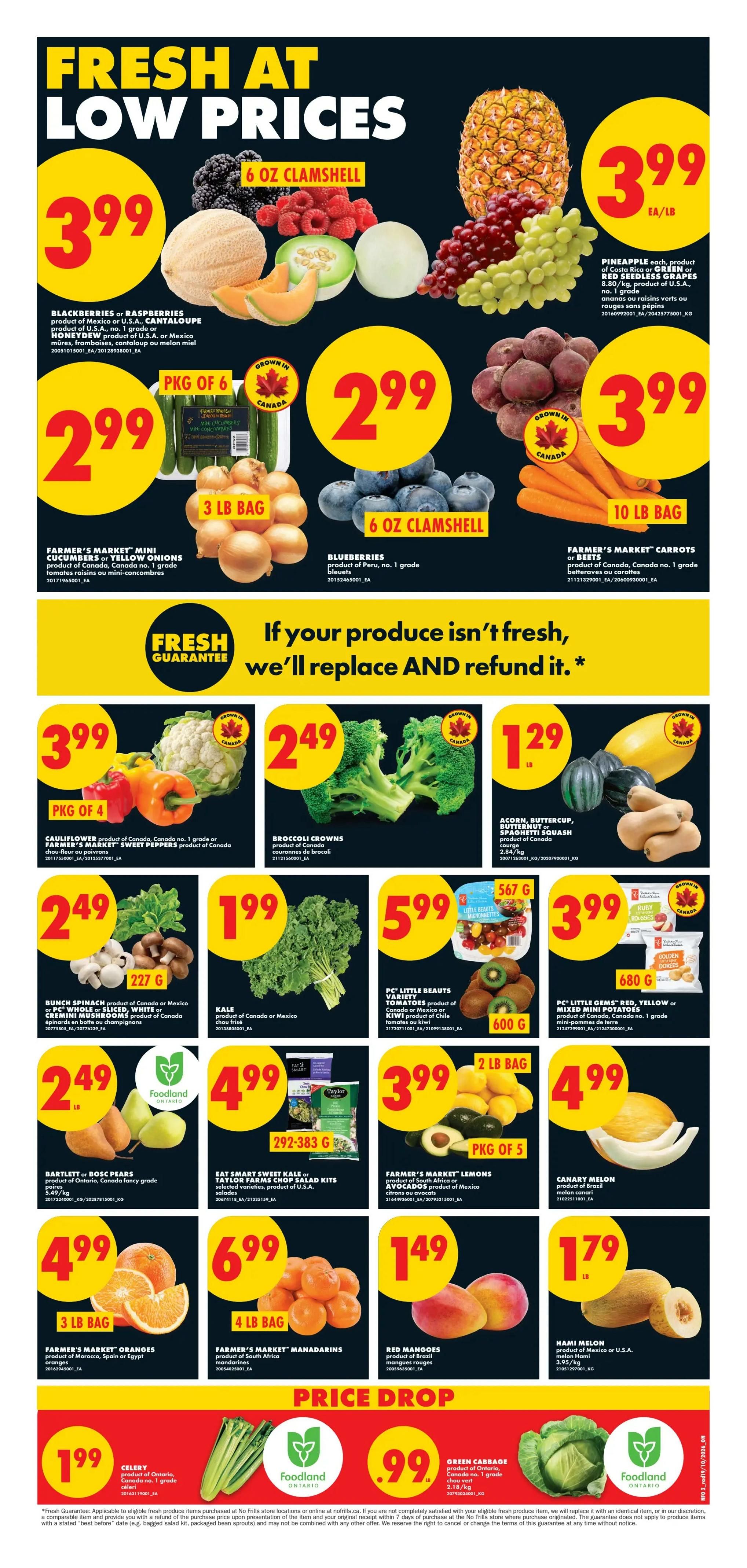 No Frills Ontario weekly flyer specials, Page 2. Fresh at low prices featuring Blackberries or Raspberries 6 oz clamshell for $3.99, Honeydew or Cantaloupe for $3.99, and Pineapple for $3.99 ea/lb. Also available are Farmer's Market Mini Cucumbers or Yellow Onions, pkg of 6 for $2.99, Blueberries 6 oz clamshell for $2.99, and Farmer's Market Carrots or Beets 10 lb bag for $3.99. The flyer highlights a Fresh Guarantee: If your produce isn't fresh, we'll replace and refund it. Other produce deals include Cauliflower or Farmer's Market Sweet Peppers, pkg of 4 for $3.99, Broccoli Crowns for $2.49, and Acorn, Buttercup, or Spaghetti Squash for $1.29 lb. Also on sale are Bunch Spinach for $2.49, Kale for $1.99, PC Little Beauts Tomatoes for $5.99 per 567g container, and PC Little Gems Mini Potatoes for $3.99 per 680g bag. Additional offers include Bartlett or Bosc Pears for $2.49 lb, Eat Smart Sweet Kale or Farmer's Chop Salad Kits for $4.99 (292-383g), Farmer's Market Lemons or Avocados for $3.99 pkg of 5, and Canary Melon for $4.99. Lower prices are featured for Red Mangoes for $1.49 and Nami Melon for $1.79 lb. The bottom section shows a Price Drop on Celery for $1.99 and Green Cabbage for $0.99.