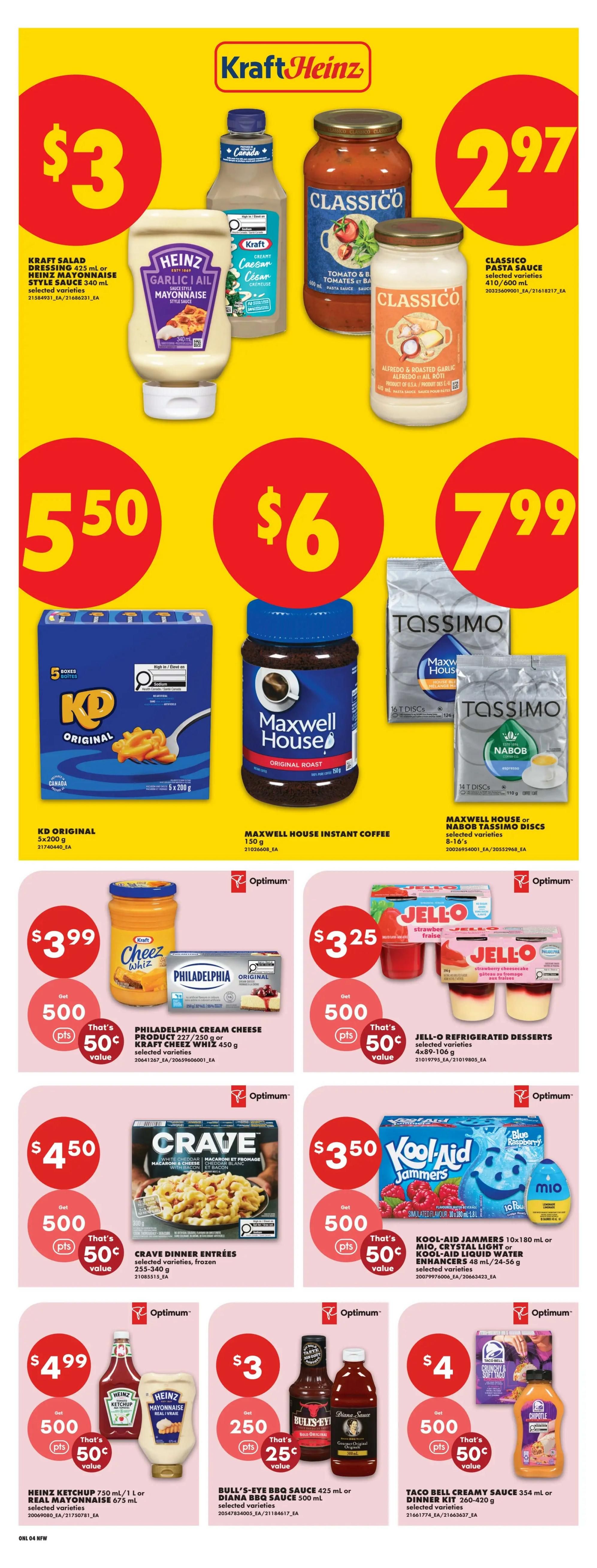 No Frills weekly flyer specials page 12 featuring Kraft Heinz products. Top row: Kraft Salad Dressing or Heinz Mayonnaise for $3, Classico Pasta Sauce for $2.97. Middle row: KD Original Macaroni & Cheese 5x200g for $5.50, Maxwell House Instant Coffee 150g for $6, and Maxwell House or Nabob Tassimo Discs 8-16's for $7.99. Bottom row: Philadelphia Cream Cheese 227/250g or Kraft Cheesewhiz 450g for $3.99 with 500 Optimum points (50¢ value), Jell-O Refrigerated Desserts 4x89-106g for $3.25 with 500 Optimum points (50¢ value), Crave Dinner Entrees frozen 235-340g for $4.50 with 500 Optimum points (50¢ value), Kool-Aid Jammers 10x180ml or Mio Crystal Light Liquid Water Enhancers 58ml/24-56g for $3.50 with 500 Optimum points (50¢ value). Bottom row specials: Heinz Ketchup 750ml or 1L or Real Mayonnaise 675ml for $4.99 with 500 Optimum points (50¢ value), Bull's-Eye BBQ Sauce 425ml or Diana BBQ Sauce 500ml for $3 with 250 Optimum points (25¢ value), and Taco Bell Creamy Sauce 354ml or Dinner Kit 260-420g for $4 with 500 Optimum points (50¢ value).