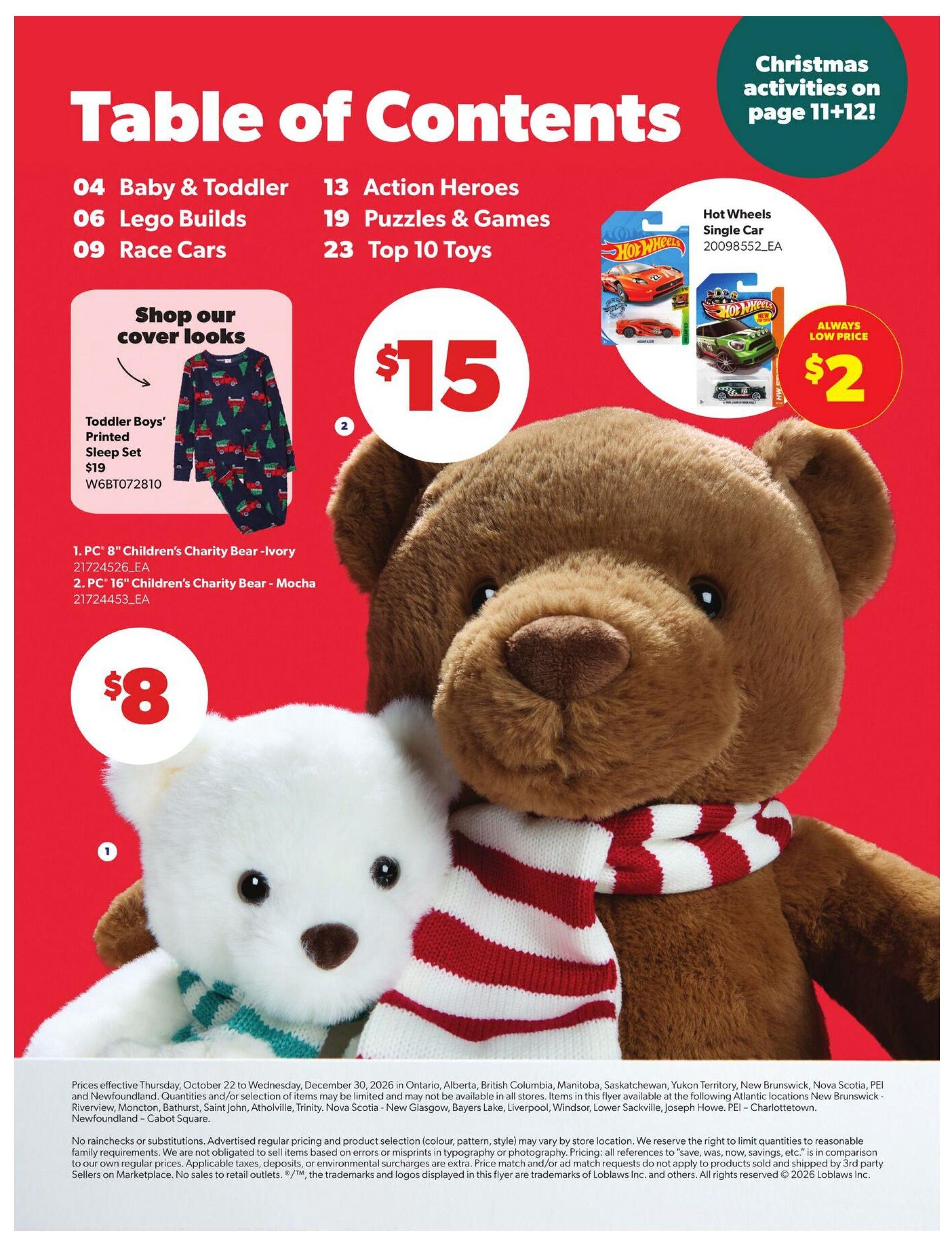 Real Canadian Superstore Toy Book flyer, page 2. Table of Contents lists sections including Baby & Toddler, Lego Builds, Race Cars, Action Heroes, Puzzles & Games, and Top 10 Toys. Featured items include a Toddler Boys' Printed Sleep Set for $19, PC 8' Children's Charity Bear - Ivory for $8, and PC 16' Children's Charity Bear - Mocha for $8. Also shown are Hot Wheels Single Cars for an 'Always Low Price' of $2. Christmas activities are highlighted on page 11+12.