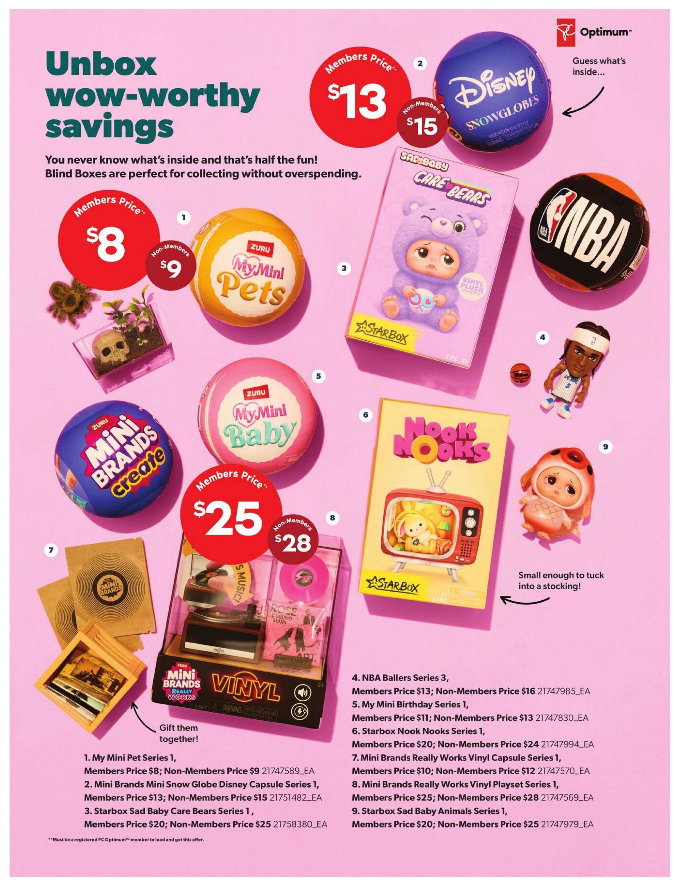 Real Canadian Superstore Toy Book flyer, page 3. Features a selection of blind box toys with 'Unbox wow-worthy savings' headline. Products include: ZURU My Mini Pets, Members Price $8, Non-Members Price $9; ZURU My Mini Baby, Members Price $25, Non-Members Price $28; Disney Snowglobes, Members Price $13, Non-Members Price $15; Starbox Sad Baby Care Bears Series 1, Members Price $20, Non-Members Price $25; NBA Ballers Series 3, Members Price $13, Non-Members Price $16; My Mini Birthday Series 1, Members Price $11, Non-Members Price $13; Starbox Nook Nooks Series 1, Members Price $20, Non-Members Price $24; Mini Brands Really Works Vinyl Capsule Series 1, Members Price $10, Non-Members Price $12; Mini Brands Really Works Vinyl Playset Series 1, Members Price $25, Non-Members Price $28; Starbox Sad Baby Animals Series 1, Members Price $20, Non-Members Price $25. Also features Mini Brands Create and Mini Brands Vinyl, with a note to 'Gift them together!' One item is described as 'Small enough to tuck into a stocking!
