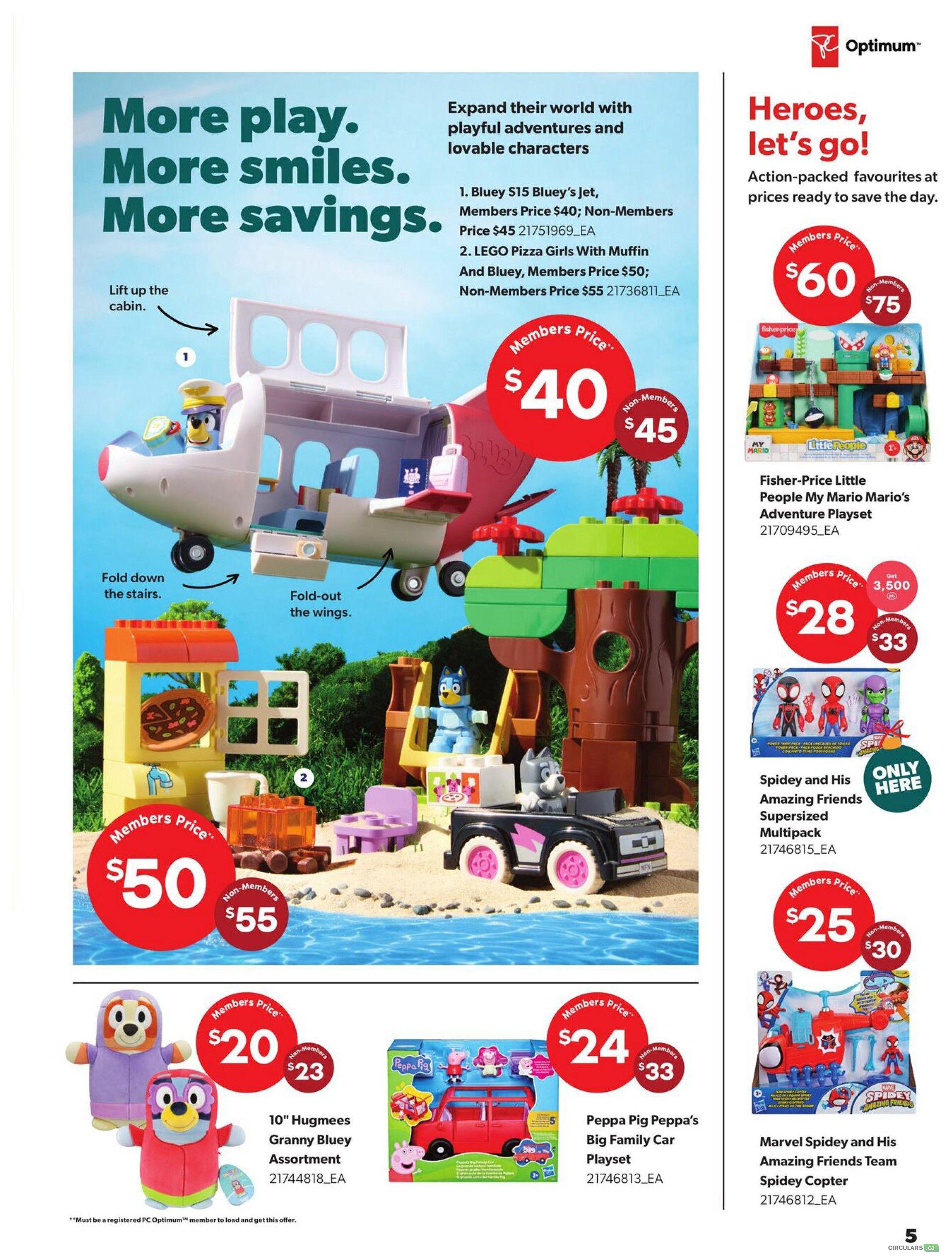 Real Canadian Superstore Toy Book flyer, page 5. Features a variety of toys with member and non-member pricing. On the left, the Bluey S15 Bluey's Jet is available for $40 for members and $45 for non-members. The LEGO Pizza Girls With Muffin And Bluey set is $50 for members and $55 for non-members. Below, the 10' Hugmees Granny Bluey Assortment is $20 for members and $23 for non-members. Also featured is the Peppa Pig Peppa's Big Family Car Playset for $24 for members and $33 for non-members. On the right side, the Fisher-Price Little People My Mario's Adventure Playset is $28 for members and $33 for non-members. The Spidey and His Amazing Friends Supersized Multipack is $25 for members and $30 for non-members. The Marvel Spidey and His Amazing Friends Team Spidey Copter is also shown. The page highlights 'More play. More smiles. More savings.