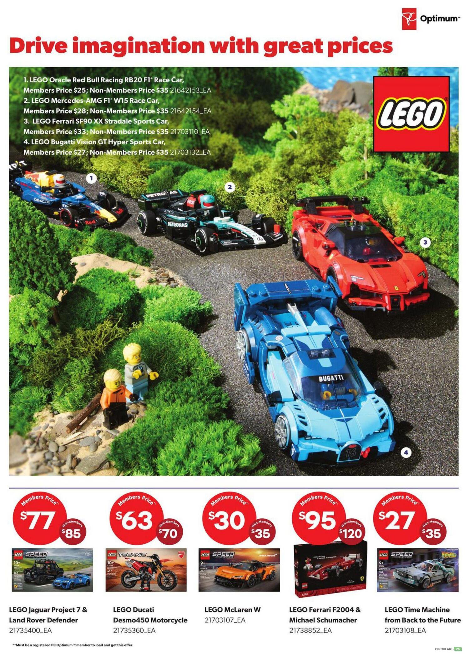 Real Canadian Superstore Toy Book flyer, Page 10. Features LEGO car sets with the theme 'Drive imagination with great prices'. Offers include: LEGO Oracle Red Bull Racing RB20 F1 Race Car, Members Price $25, Non-Members Price $35; LEGO Mercedes-AMG F1 W15 Race Car, Members Price $28, Non-Members Price $35; LEGO Ferrari SF90 XX Stradale Sports Car, Members Price $33, Non-Members Price $35; and LEGO Bugatti Vision GT Hyper Sports Car, Members Price $27, Non-Members Price $35. Also available are LEGO Jaguar Project 7 & Land Rover Defender for a Members Price of $77 (Non-Members $85), LEGO Ducati Desmo450 Motorcycle for a Members Price of $63 (Non-Members $70), LEGO McLaren W for a Members Price of $30 (Non-Members $35), LEGO Ferrari F2004 & Michael Schumacher for a Members Price of $95 (Non-Members $120), and LEGO Time Machine from Back to the Future for a Members Price of $27 (Non-Members $35). All offers require PC Optimum membership to load and get the discount.
