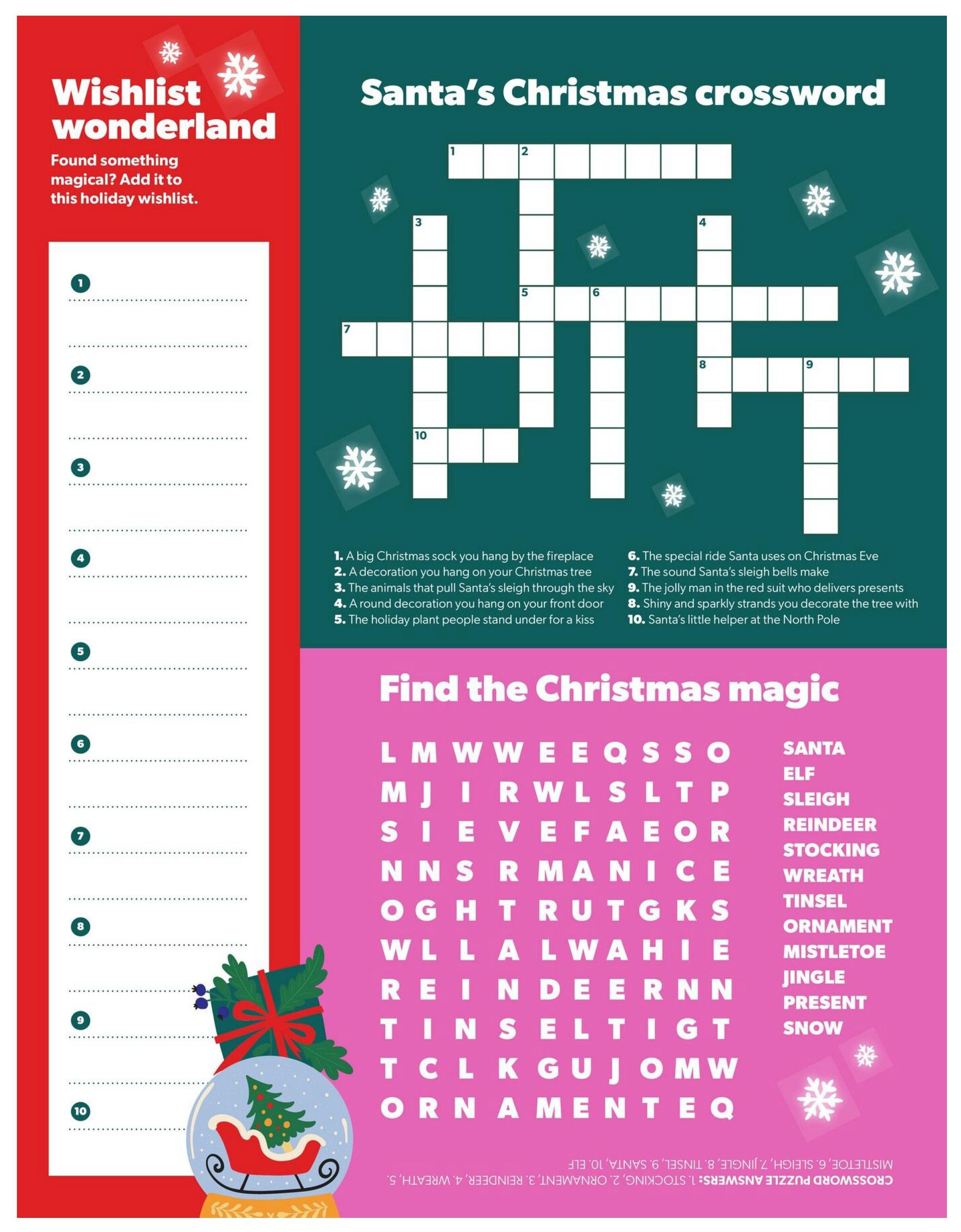 Real Canadian Superstore Toy Book, Page 12. Features a 'Wishlist wonderland' section with space for 10 holiday wish list items. The main content is 'Santa's Christmas crossword' with clues and a word grid. Clues include: 1. A big Christmas sock you hang by the fireplace (STOCKING), 2. A decoration you hang on your Christmas tree (ORNAMENT), 3. The animals that pull Santa's sleigh through the sky (REINDEER), 4. A round decoration you hang on your front door (WREATH), 5. The holiday plant people stand under for a kiss (MISTLETOE), 6. The special ride Santa uses on Christmas Eve (SLEIGH), 7. The sound Santa's sleigh bells make (JINGLE), 8. Shiny and sparkly strands you decorate the tree with (TINSEL), 9. The jolly man in the red suit who delivers presents (SANTA), 10. Santa's little helper at the North Pole (ELF). Below the crossword is a 'Find the Christmas magic' word search puzzle with a grid of letters and a list of words to find: SANTA, ELF, SLEIGH, REINDEER, STOCKING, WREATH, TINSEL, ORNAMENT, MISTLETOE, JINGLE, PRESENT, SNOW. The page also includes festive snowflake graphics and an image of a snow globe with a sleigh and Christmas tree inside.