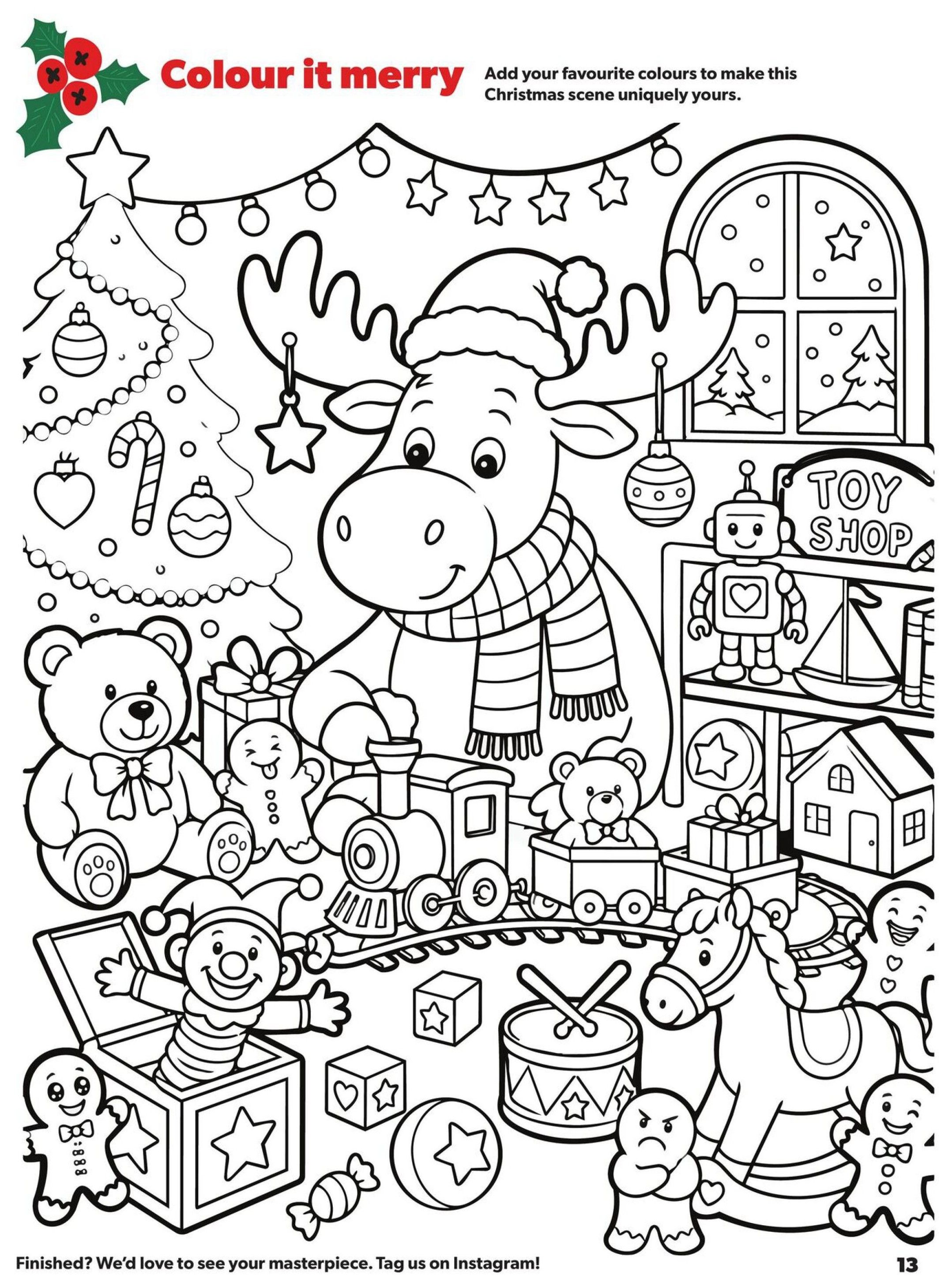 Real Canadian Superstore Toy Book, Page 13. A festive Christmas scene designed for colouring, featuring a large cartoon moose wearing a scarf and Santa hat, surrounded by various toys. The scene includes a decorated Christmas tree with candy canes and ornaments, a toy train with carriages, teddy bears, a jack-in-the-box, gingerbread men, a toy shop shelf with a robot, sailboat, and houses, a rocking horse, a drum, and building blocks. The text 'Colour it merry' and 'Add your favourite colours to make this Christmas scene uniquely yours.' encourages engagement. At the bottom, it prompts users to share their finished artwork on Instagram.