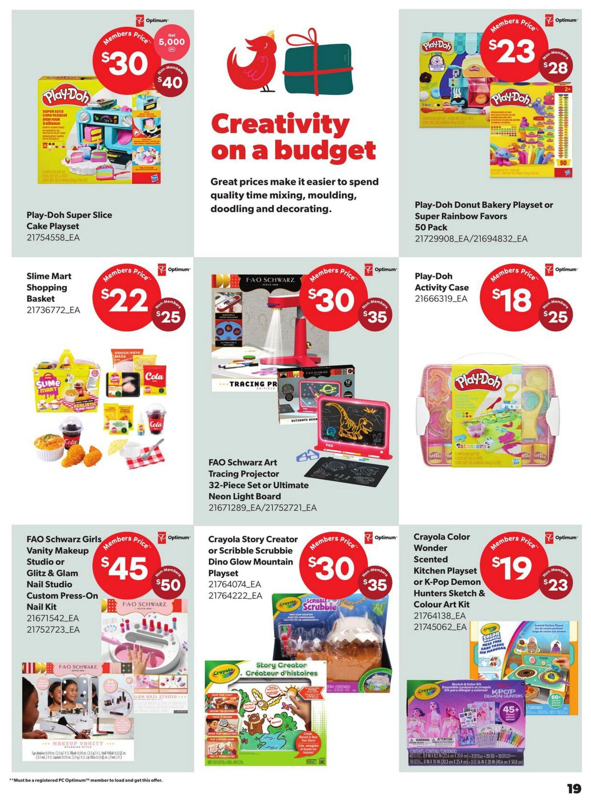 Real Canadian Superstore Toy Book flyer, page 19. Features a 'Creativity on a budget' theme. Top row includes Play-Doh Super Slice Cake Playset for $30 (Members) or $40 (Non-Members), and Play-Doh Donut Bakery Playset or Super Rainbow Favors 50 Pack for $23 (Members) or $28 (Non-Members). Middle row showcases Slime Mart Shopping Basket for $22 (Members) or $25 (Non-Members), FAO Schwarz Art Tracing Projector 32-Piece Set or Ultimate Neon Light Board for $30 (Members) or $35 (Non-Members), and Play-Doh Activity Case for $18 (Members) or $25 (Non-Members). Bottom row highlights FAO Schwarz Girls Vanity Makeup Studio or Glitz & Glam Nail Studio Custom Press-On Nail Kit for $45 (Members) or $50 (Non-Members), Crayola Story Creator or Scribble Scrubbie Dino Glow Mountain Playset for $30 (Members) or $35 (Non-Members), and Crayola Color Wonder Scented Kitchen Playset or K-Pop Demon Hunters Sketch & Colour Art Kit for $19 (Members) or $23 (Non-Members). Some items require PC Optimum membership for member pricing.