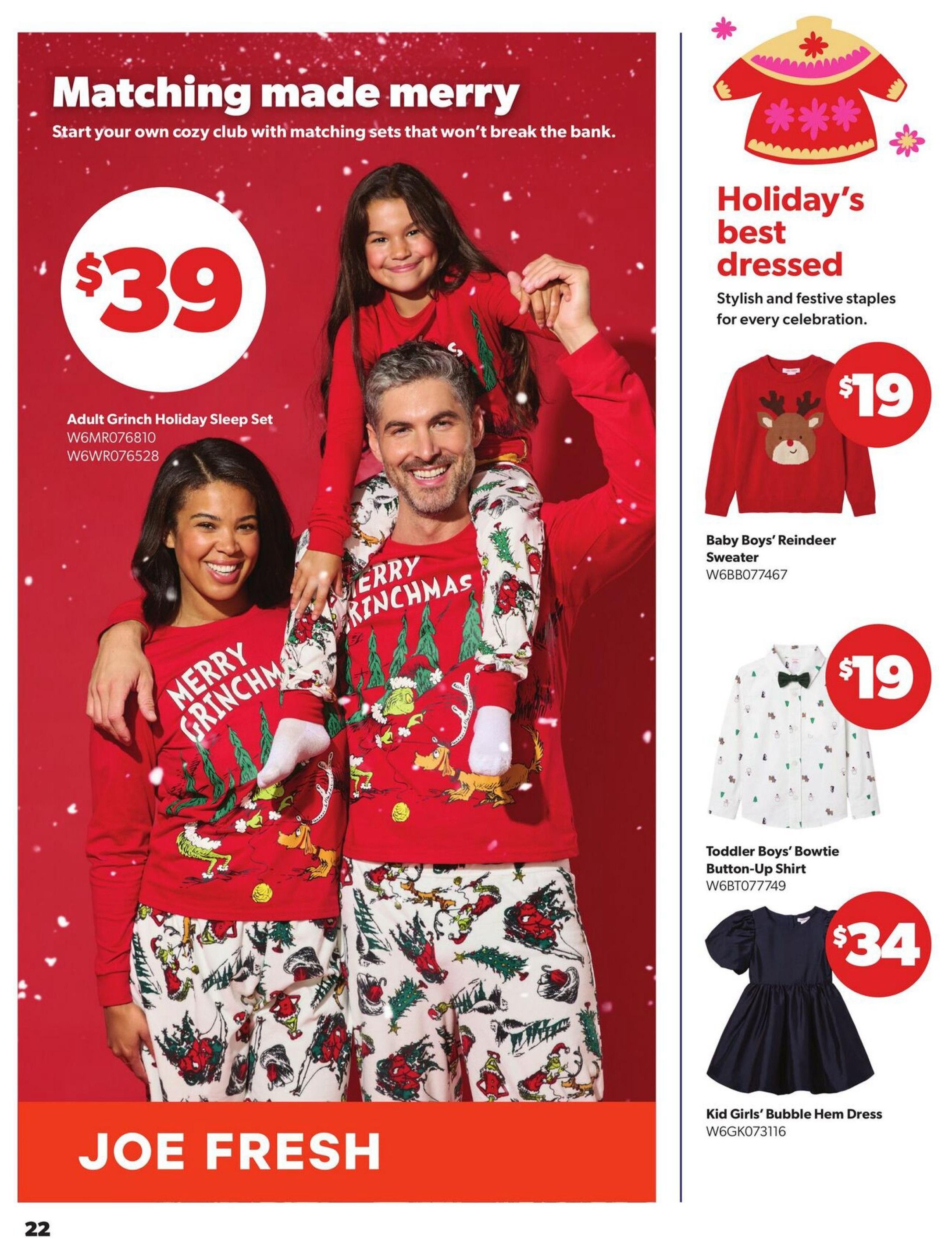 Real Canadian Superstore Toy Book flyer, page 22. Features matching holiday sleepwear from Joe Fresh, with an Adult Grinch Holiday Sleep Set priced at $39. Also shown are festive holiday outfits: Baby Boys' Reindeer Sweater for $19, Toddler Boys' Button-Up Shirt with bowtie for $19, and a Kid Girls' Bubble Hem Dress for $34.