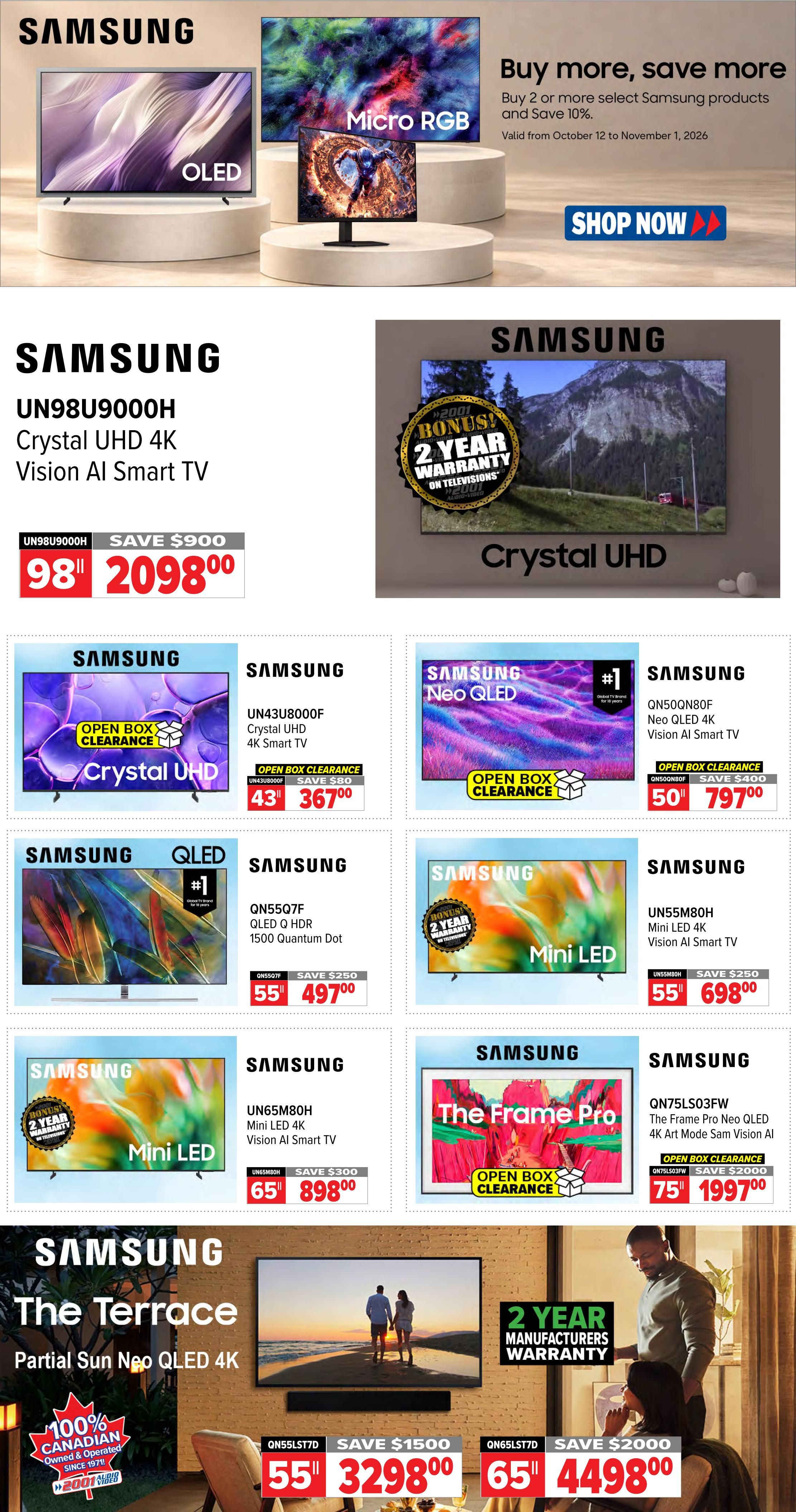 2001 Audio Video weekly flyer specials page 3 features Samsung televisions. A banner at the top promotes 'Buy more, save more' with 10% off select Samsung products. Featured TVs include the Samsung UN98U9000H Crystal UHD 4K Vision AI Smart TV, on sale for $2098.00 (save $900). Also available are open box clearance deals: a Samsung Crystal UHD TV for $367.00 (save $80), a Samsung Neo QLED 4K Vision AI Smart TV for $797.00 (save $400), and a Samsung The Frame Pro Neo QLED 4K Art Mode Sam Vision AI for $1997.00 (save $2000). Other Samsung TVs on sale include the QN55Q7F QLED Q HDR 1500 Quantum Dot for $497.00 (save $250), the UN55M80H Mini LED 4K Vision AI Smart TV for $898.00 (save $300), and The Terrace Partial Sun Neo QLED 4K, with a 55' model for $3298.00 (save $1500) and a 65' model for $4498.00 (save $2000). Many TVs come with a bonus 2-year warranty.
