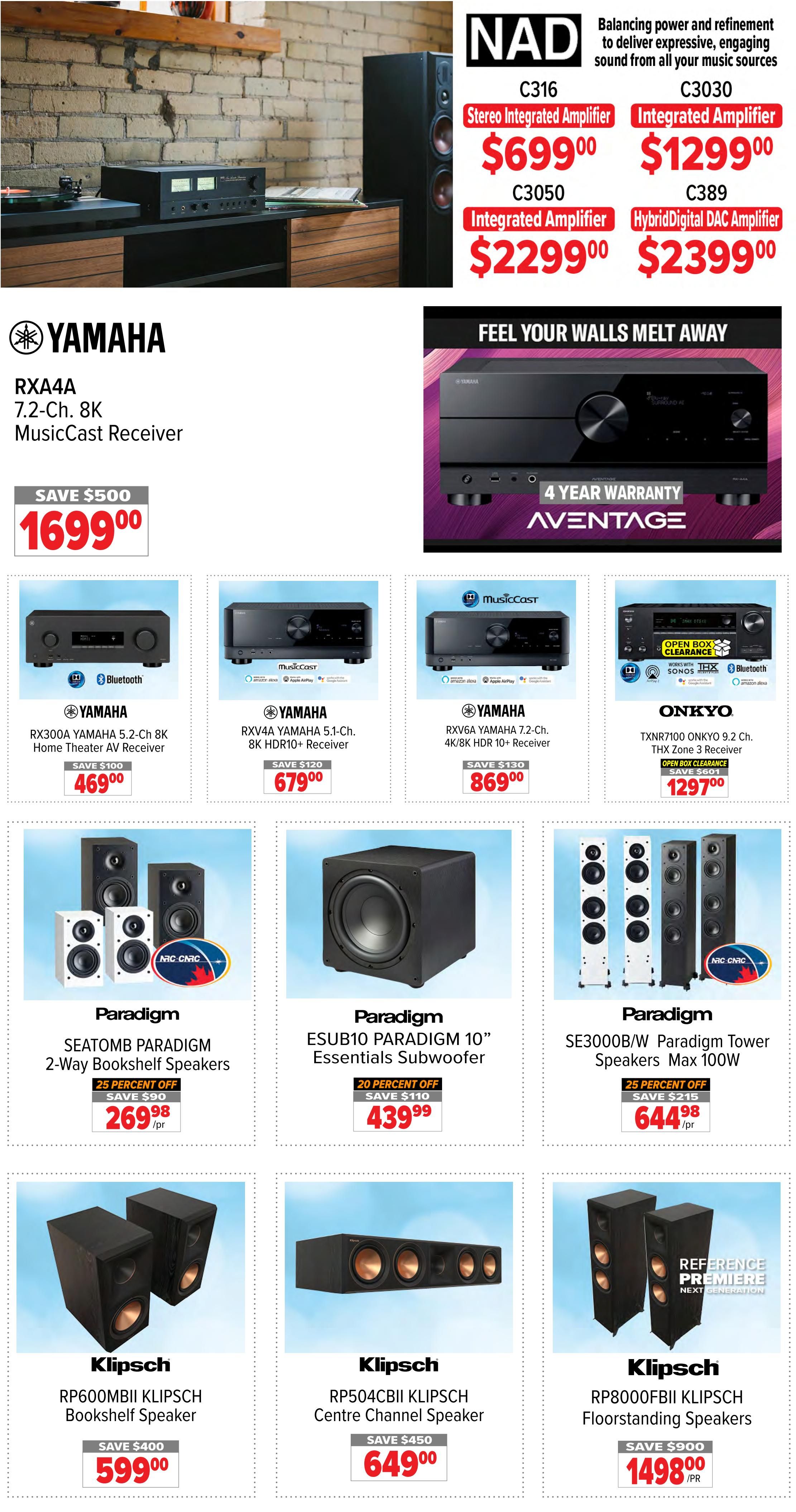 2001 Audio Video weekly flyer specials page 4 features NAD amplifiers including the C316 Stereo Integrated Amplifier for $699.00, C3030 Integrated Amplifier for $1299.00, C3050 Integrated Amplifier for $2299.00, and C389 HybridDigital DAC Amplifier for $2399.00. Yamaha products include the RXA4A 7.2-Ch. 8K MusicCast Receiver on sale for $1699.00 (save $500), RX300A Yamaha 5.2-Ch 8K Home Theater AV Receiver for $469.00 (save $100), RXV4A Yamaha 5.1-Ch. 8K HDR10+ Receiver for $679.00 (save $120), and RXV6A Yamaha 7.2-Ch. 4K/8K HDR 10+ Receiver for $869.00 (save $130). The Onkyo TXNR7100 ONKYO 9.2 Ch. THX Zone 3 Receiver is available for $1297.00 (save $601) with open box clearance. Paradigm speakers are featured with the SEATOMB PARADIGM 2-Way Bookshelf Speakers at 25 percent off for $269.98 (save $90), ESUB10 PARADIGM 10' Essentials Subwoofer at 20 percent off for $439.99 (save $110), and SE3000B/W Paradigm Tower Speakers Max 100W at 25 percent off for $644.98 (save $215). Klipsch products include the RP600MBII KLIPSCH Bookshelf Speaker for $599.00 (save $400), RP504CBII KLIPSCH Centre Channel Speaker for $649.00 (save $450), and RP8000FBII KLIPSCH Floorstanding Speakers for $1498.00 (save $900).