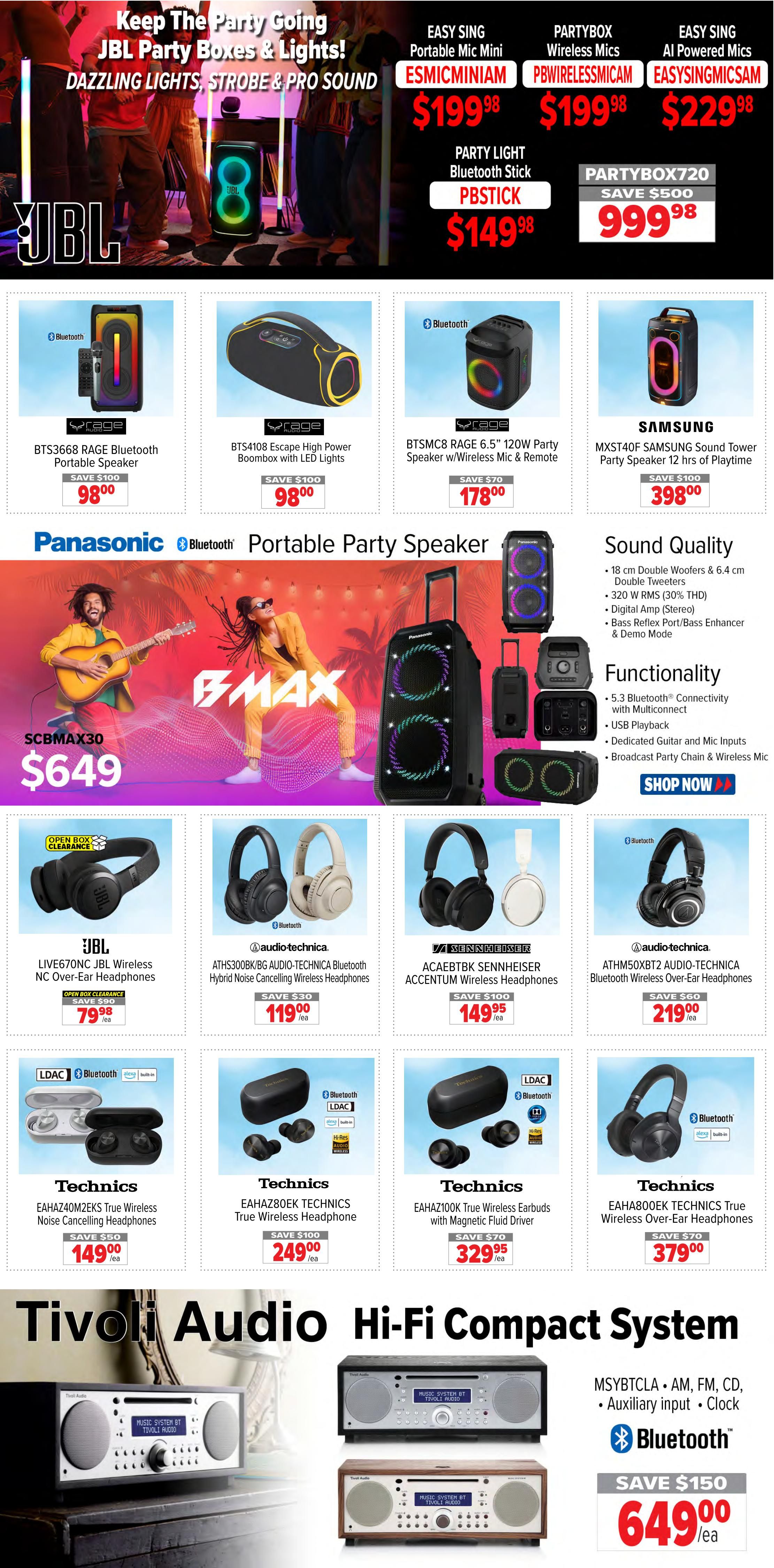 2001 Audio Video weekly flyer specials page 6 features JBL party boxes and lights with dazzling lights, strobe, and pro sound. Featured JBL products include the Party Light Bluetooth Stick PBSTICK for $149.98. Other portable speakers on sale are the RAGE Bluetooth Portable Speaker BTS3668 for $98.00 (save $100), RAGE High Power Boombox BTS4108 with LED Lights for $98.00 (save $100), RAGE 120W Party Speaker BTSMC8 with Wireless Mic & Remote for $178.00 (save $70), and SAMSUNG Sound Tower Party Speaker MXST40F for $398.00 (save $100). The Panasonic BMAX Portable Party Speaker SCMAX30 is available for $649.00. Also on sale are various headphones: JBL LIVE670NC Wireless Over-Ear Headphones for $79.98 (Open Box Clearance, save $50), Audio-Technica ATHS300BK/BG Bluetooth Hybrid Noise Cancelling Wireless Headphones for $119.00 (save $30), Sennheiser ACCENTUM Wireless Headphones ACAEBТВК for $149.95 (save $100), and Audio-Technica ATHM50XBT2 Bluetooth Wireless Over-Ear Headphones for $219.00 (save $60). Technics true wireless earbuds and headphones are also featured: EAHАZ40M2EKS True Wireless Noise Cancelling Headphones for $149.00 (save $50), EAHАZ80EK TECHNICS True Wireless Headphone for $249.00 (save $100), EAHАZ100K True Wireless Earbuds with Magnetic Fluid Driver for $329.95 (save $70), and EAHА800EK TECHNICS True Wireless Over-Ear Headphones for $379.00 (save $70). Finally, Tivoli Audio Hi-Fi Compact Systems are on sale, with a model priced at $649.00 (save $150), featuring AM, FM, CD, auxiliary input, and Bluetooth.