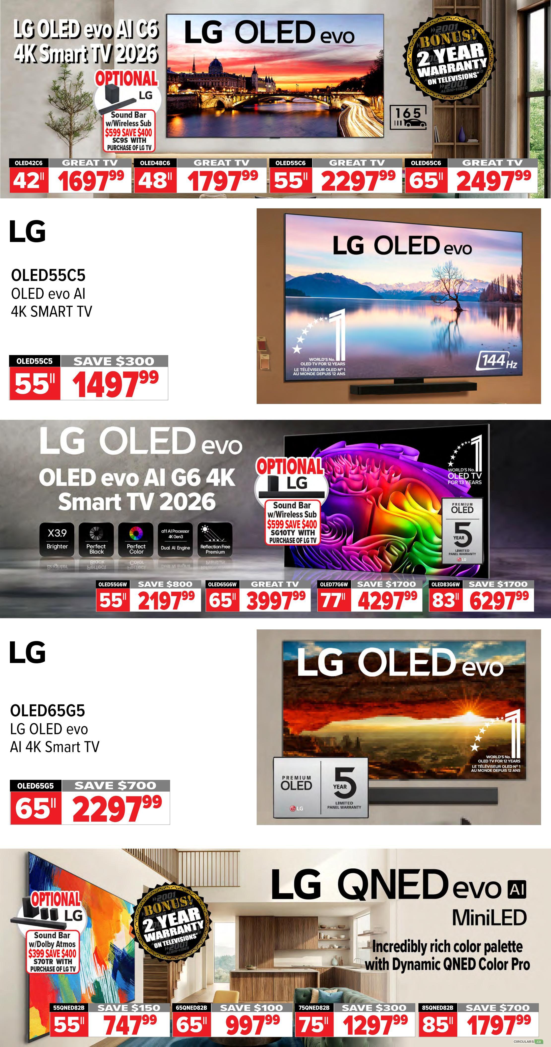 2001 Audio Video weekly flyer specials page 8 features LG OLED evo AI 4K Smart TVs. Top row showcases LG OLED evo AI C6 4K Smart TVs in 42-inch for $1697.99, 48-inch for $1797.99, 55-inch for $2297.99, and 65-inch for $2497.99, with a bonus 2-year warranty on televisions. Below, the LG OLED55C5 OLED evo AI 4K Smart TV is on sale for $1497.99, saving $300. Further down, the LG OLED evo AI G6 4K Smart TV 2026 is available in 55-inch for $2197.99 (save $800), 65-inch for $3997.99, 77-inch for $4297.99 (save $1700), and 83-inch for $6297.99 (save $1700). The LG OLED65G5 LG OLED evo AI 4K Smart TV is priced at $2297.99, saving $700. The bottom section highlights LG QNED evo AI MiniLED TVs with a rich colour palette, featuring a 55-inch model for $747.99 (save $150), a 65-inch for $997.99 (save $100), a 75-inch for $1297.99 (save $300), and an 85-inch for $1797.99 (save $700). Optional LG soundbars with wireless subwoofers are also featured with select TV purchases.