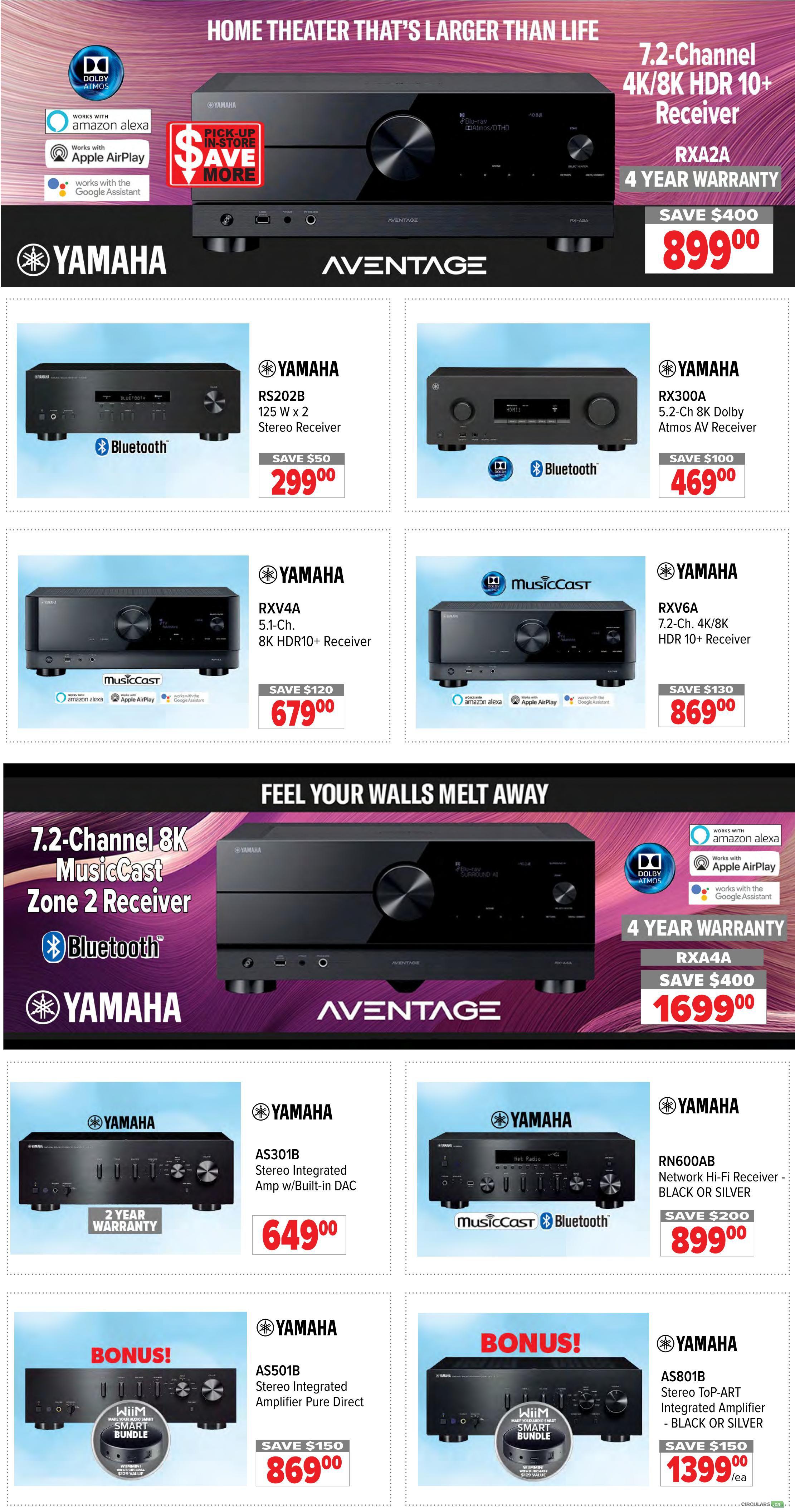 2001 Audio Video weekly flyer specials page 10 features home theater equipment. Top of the page showcases the Yamaha RXA2A 7.2-Channel 4K/8K HDR 10+ Receiver with Dolby Atmos, Works with Amazon Alexa, Apple AirPlay, and Google Assistant, priced at $899.00 with a $400 saving. Below this, the Yamaha RS202B 125 W x 2 Stereo Receiver with Bluetooth is available for $299.00, saving $50. To its right, the Yamaha RX300A 5.2-Ch 8K Dolby Atmos AV Receiver with Bluetooth is on sale for $469.00, saving $100. The next row features the Yamaha RXV4A 5.1-Ch 8K HDR10+ Receiver with MusicCast, Amazon Alexa, Apple AirPlay, and Google Assistant for $679.00, saving $120. Next to it, the Yamaha RXV6A 7.2-Ch 4K/8K HDR 10+ Receiver with MusicCast, Amazon Alexa, Apple AirPlay, and Google Assistant is priced at $869.00, saving $130. The bottom section highlights the Yamaha RXA4A 7.2-Channel 8K MusicCast Zone 2 Receiver with Bluetooth, Dolby Atmos, Works with Amazon Alexa, Apple AirPlay, and Google Assistant, for $1699.00 with a $400 saving and a 4-year warranty. Also featured are the Yamaha AS301B Stereo Integrated Amp w/Built-in DAC for $649.00 and the Yamaha RN600AB Network Hi-Fi Receiver in Black or Silver for $899.00, saving $200. Finally, the Yamaha AS501B Stereo Top-ART Integrated Amplifier in Black or Silver is available for $1399.00 each, with a bonus Wiim Smart Bundle valued at $125.