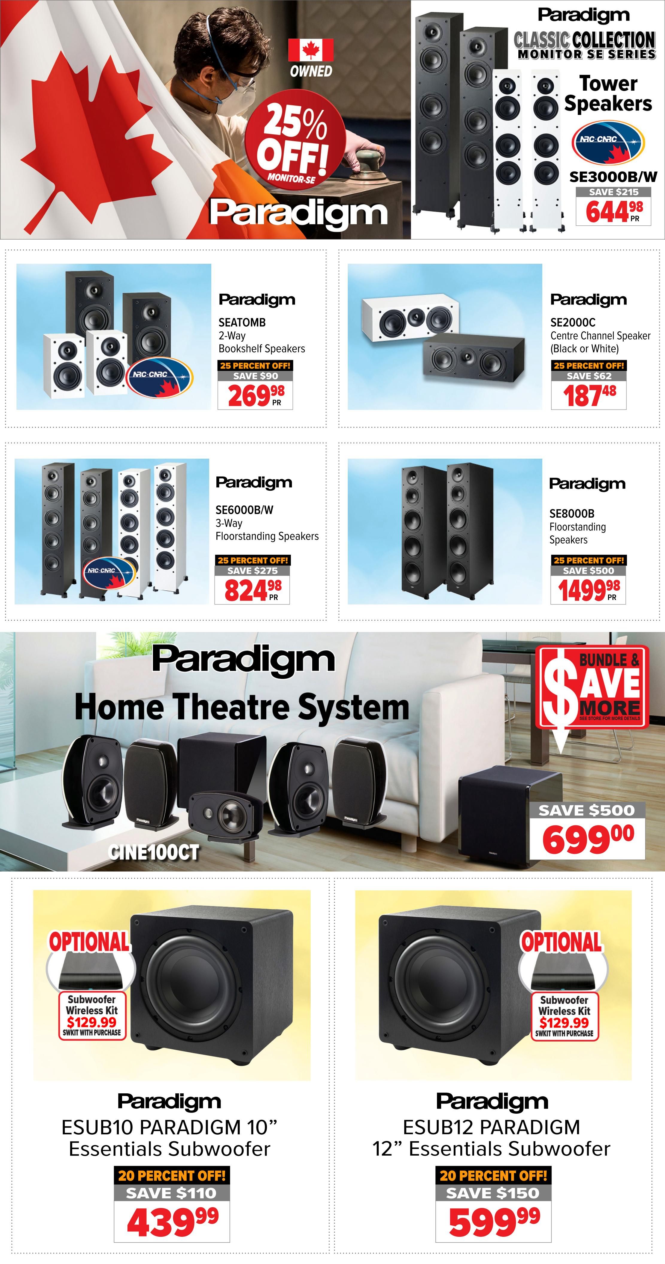 2001 Audio Video weekly flyer specials page 12 features Paradigm home theatre systems and speakers. A large banner shows a 25% off offer on Paradigm Monitor SE series products. Featured speakers include Paradigm SE3000B/W Tower Speakers for $644.98 (save $215), Paradigm SEATOMB 2-Way Bookshelf Speakers for $269.98 (save $90), Paradigm SE2000C Centre Channel Speaker in black or white for $187.48 (save $62), Paradigm SE6000B/W 3-Way Floorstanding Speakers for $824.98 (save $275), and Paradigm SE8000B Floorstanding Speakers for $1499.98 (save $500). A Paradigm Home Theatre System CINE100CT is bundled and on sale for $699.00 (save $500). Also available are optional Paradigm ESUB10 PARADIGM 10' Essentials Subwoofer for $439.99 (20% off, save $110) and Paradigm ESUB12 PARADIGM 12' Essentials Subwoofer for $599.99 (20% off, save $150). The optional Subwoofer Wireless Kit is $129.99.