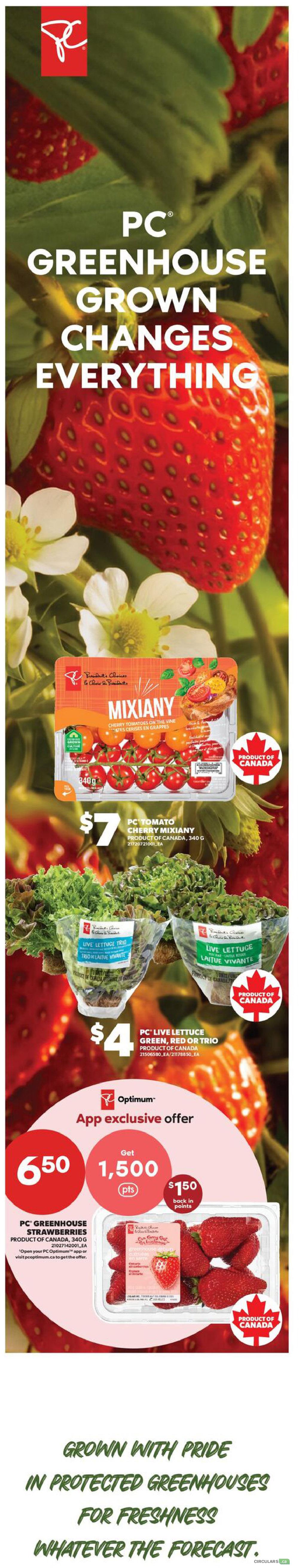 Real Canadian Superstore flyer page 5 features PC Greenhouse Grown produce. Highlights include PC Tomato Cherry Mixiany for $7, and PC Live Lettuce (Green, Red, or Trio) for $4. An app exclusive offer provides 1,500 Optimum points (worth $1.50 back in points) when purchasing PC Greenhouse Strawberries, 340g, for $6.50. The page emphasizes freshness and quality with the tagline 'Grown with pride in protected greenhouses for freshness whatever the forecast.