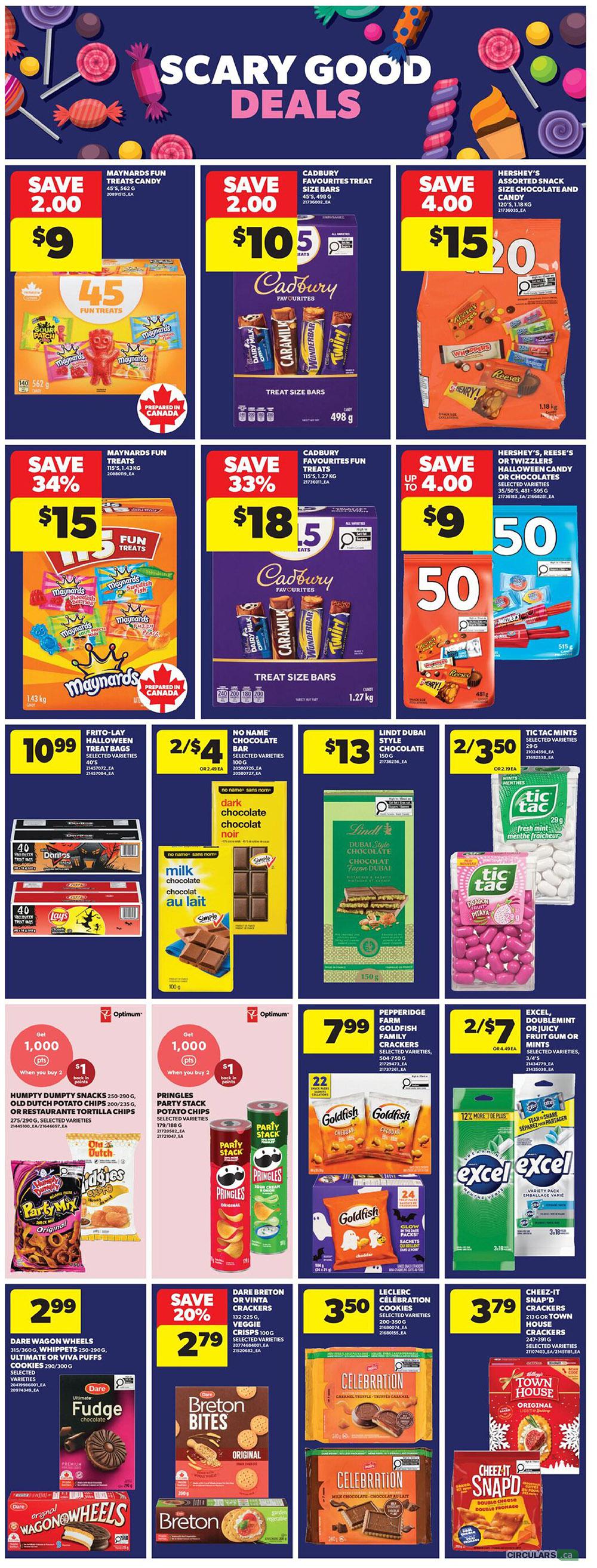 Real Canadian Superstore flyer page 10 featuring 'Scary Good Deals' on Halloween treats and snacks. Offers include Maynards Fun Treats Candy for $9 (save $2.00), Cadbury Favourites Treat Size Bars for $10.50 (save $2.00), and Hershey's Assorted Snack Size Chocolate and Candy for $15.20 (save $4.00). Also featured are Maynards Fun Treats for $15 (save 34%), Cadbury Favourites Fun Treats for $18.50 (save 33%), and Hershey's or Twizzlers Halloween Candy or Chocolates for $9.50 (save up to $4.00). Snack deals include Frito-Lay Halloween Treat Bags for $10.99, No Name Chocolate Bars for 2 for $4, Lindt Dubai Style Chocolate for $13, and Tic Tac Mints for 2 for $3.50. Other promotions include Humpty Dumpty Snacks or Pringles Party Stack Potato Chips with 1,000 Optimum points when you buy 2 and $1 back, Goldfish Crackers for $7.99, and Excel Doublemint or Juicy Fruit Gum or Mints for 2 for $7. Additionally, Dare Wagon Wheels, Whippets, or Viva Puffs Cookies are $2.99, Dare Breton or Vinta Crackers are 20% off at $2.79, Leclerc Celebration Cookies are $3.50, and Cheez-It Snap'd or Town House Crackers are $3.79.