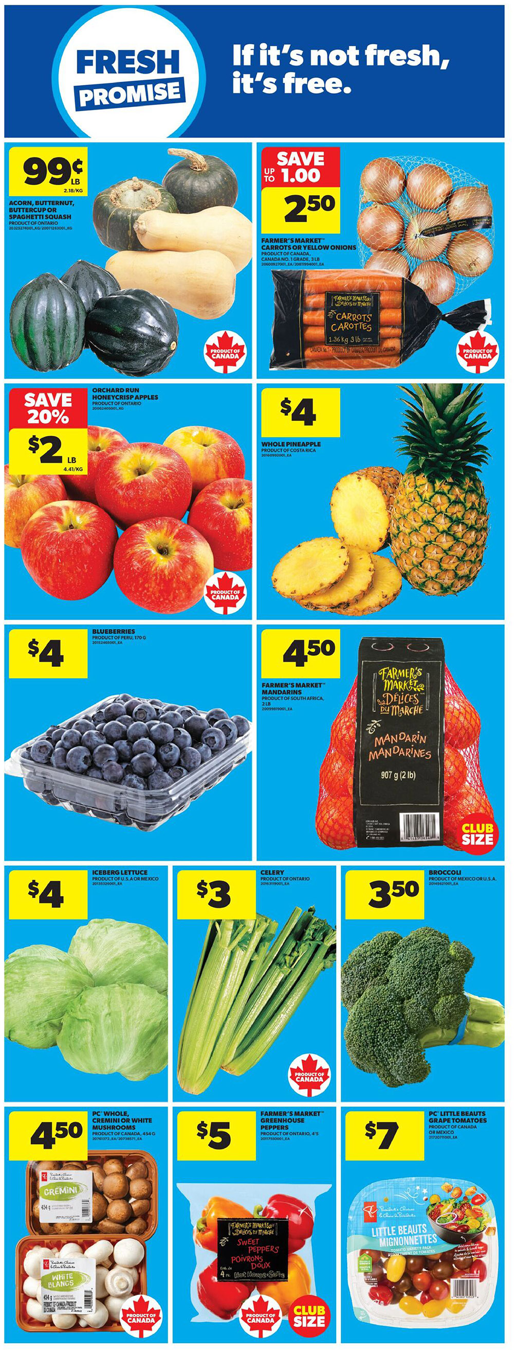 Real Canadian Superstore flyer page 12 featuring fresh produce. Acorn, Butternut, or Spaghetti Squash are 99 cents per pound. Farmer's Market Carrots or Yellow Onions are on sale for $2.50, save up to $1.00. Orchard Run Honeycrisp Apples are 20% off, priced at $2 per pound. A whole pineapple is $4. Blueberries are $4 per container. Farmer's Market Mandarins are club size for $4.50. Iceberg Lettuce is $4 per head. Celery is $3 per bunch. Broccoli is $3.50 per head. PC Whole Cremini or White Mushrooms are $4.50 per package. Farmer's Market Greenhouse Peppers are $5 per package. PC Little Beauts Grape Tomatoes are $7 per package. The page highlights a 'Fresh Promise' with the slogan 'If it's not fresh, it's free.