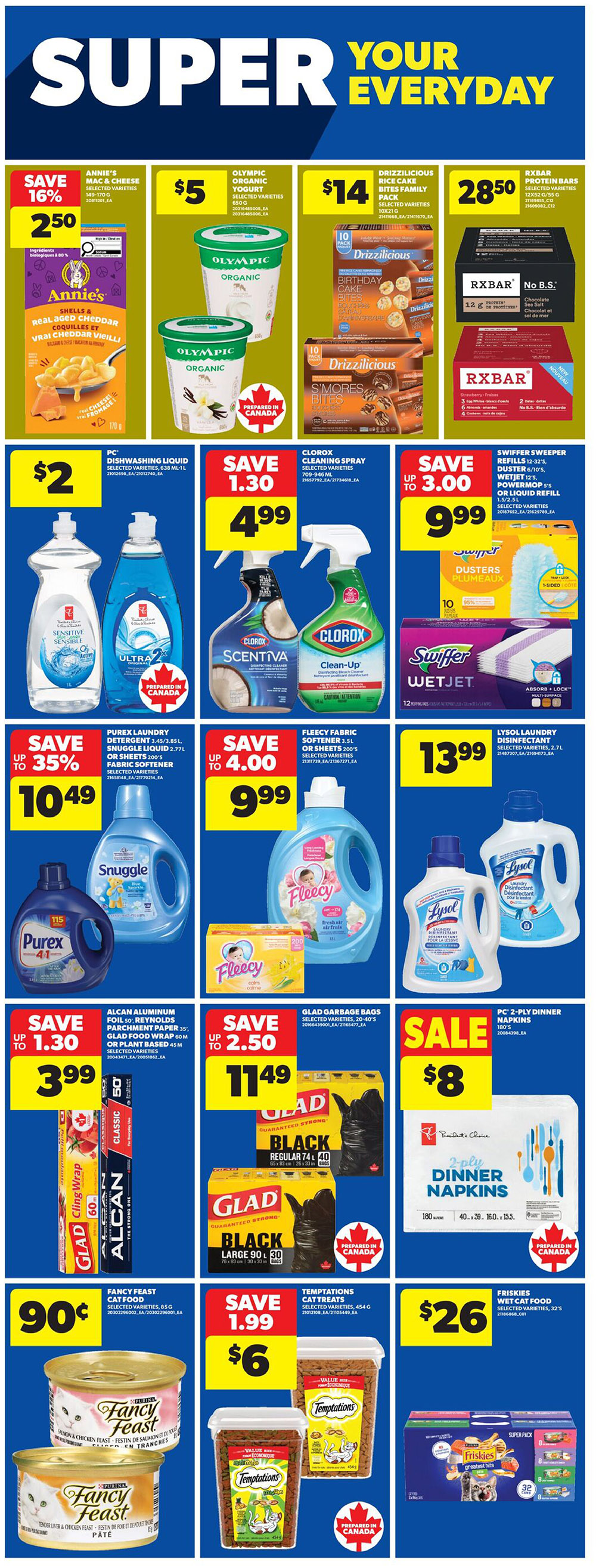 Real Canadian Superstore weekly flyer specials page 20 features Annie's Mac & Cheese for $2.50, Olympic Organic Yogurt for $5, and Drizzilicious Rice Cake Bites Family Pack for $14. Also available are RXBAR Protein Bars for $28.50. PC Dishwashing Liquid is on sale for $2. Clorox Cleaning Spray is $4.99 with a save of $1.30. Purex Laundry Detergent or Sheets are up to 35% off, selling for $10.49. Fleecy Fabric Softener is on sale for $4.00 off, priced at $9.99. Swiffer Sweeper Refills are $9.99 with up to $3.00 savings. Lysol Laundry Disinfectant is $13.99. Glad Garbage Bags are $11.49 with a save of $2.50. PC 2-Ply Dinner Napkins are on sale for $8. Fancy Feast Cat Food is $0.90 per can. Temptations Cat Treats are $6 with a save of $1.99. Friskies Wet Cat Food Super Pack is $26.