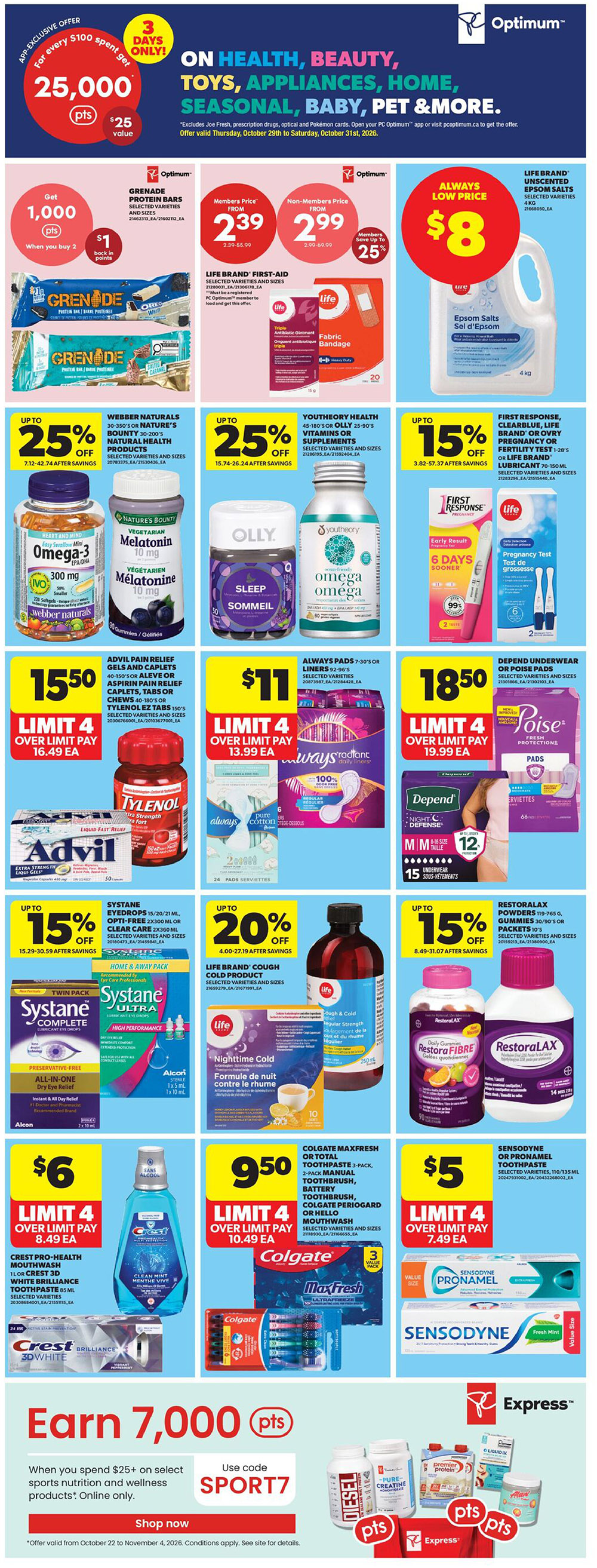 Real Canadian Superstore Ontario flyer, page 26. App exclusive offer: Get 25,000 Optimum points ($25 value) when you spend $100, valid for 3 days only. Also, get 1,000 Optimum points when you buy 2 Grenade Protein Bars, with $1 back in points. Life Brand First Aid products are 25% off for members, with non-member prices from $2.99. Life Brand Unscented Epsom Salts 4kg are always low price at $8. Webber Naturals or Nature's Bounty products are up to 25% off. Olly Sleep Gummies and Youththeory Omega-3 or Omega-3+EPA/DHA supplements are up to 25% off. Advil Pain Relief Gels and Caplets, or Aleve or Aspirin Pain Relief Caplets, Tabs or Chews are $15.50 with a limit of 4. Always Pads or Liners are $11 with a limit of 4. Depend Underwear or Poise Pads are $18.50 with a limit of 4. Systane Eyedrops or Complete Lubricant Eye Drops are up to 15% off. Life Brand Cough Cold products are up to 20% off. Restoralax Powders or Daily Gummies are up to 15% off. Crest Pro-Health Mouthwash or Crest 3D White Toothpaste are $6 with a limit of 4. Colgate MaxFresh Toothpaste 3-pack is $9.50 with a limit of 4. Sensodyne or Pronamel Toothpaste is $5 with a limit of 4. Earn 7,000 Optimum points when you spend $25+ on select sports nutrition and wellness products online using code SPORT7. Offer valid October 22 to November 4, 2026.