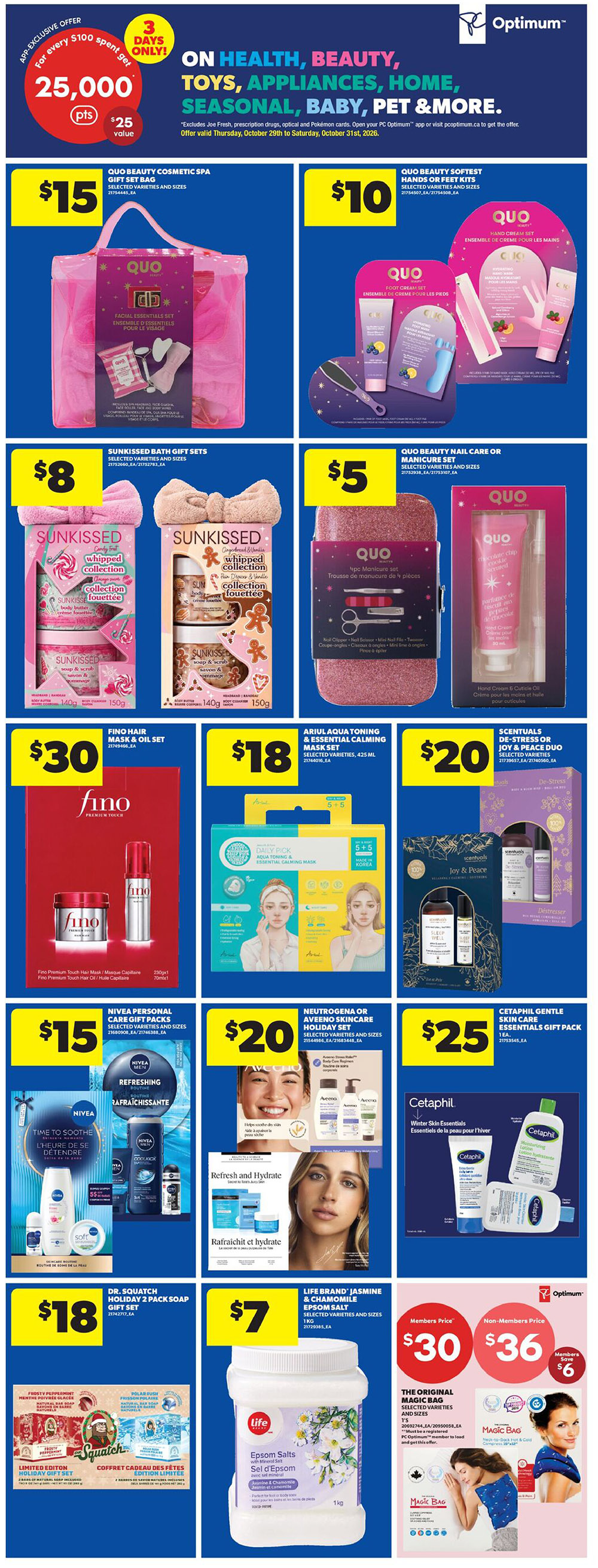 Real Canadian Superstore Ontario flyer, page 28. Featuring a 3-day Optimum offer: 25,000 points ($25 value) for every $100 spent on Health, Beauty, Toys, Appliances, Home, Seasonal, Baby, Pet & More, excluding Joe Fresh, prescription drugs, optical and Pokémon cards. Offer valid Thursday, October 29th to Saturday, October 31st, 2026. Products on sale include: QUO Beauty Cosmetic Spa Gift Set Bag for $15, QUO Beauty Softest Hands or Feet Kits for $10, Sunkissed Bath Gift Sets for $8, QUO Beauty Nail Care or Manicure Set for $5, Fino Hair Mask & Oil Set for $30, Ariul Aqua Toning & Essential Calming Mask Set for $18, Scentuals De-Stress or Joy & Peace Duo for $20, Nivea Personal Care Gift Packs for $15, Neutrogena or Aveeno Skincare Holiday Set for $20, Cetaphil Gentle Skin Care Essentials Gift Pack for $25, Dr. Squatch Holiday 2 Pack Soap Gift Set for $18, and Life Brand Jasmine & Chamomile Epsom Salt for $7. Also featured is The Original Magic Bag, on sale for $30 for PC Optimum members and $36 for non-members, with a $6 savings for members.