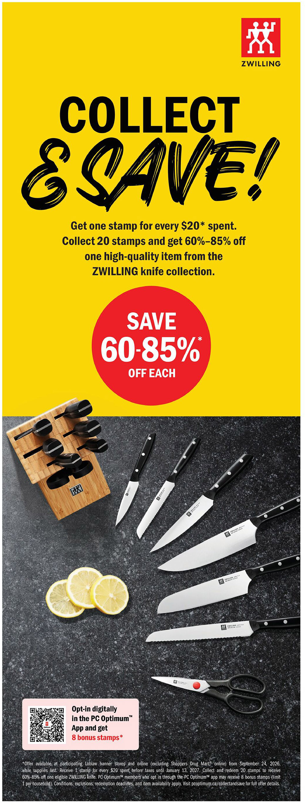 Real Canadian Superstore flyer, page 32. Collect & Save event featuring ZWILLING knives. Get one stamp for every $20 spent, collect 20 stamps to get 60%-85% off one high-quality ZWILLING knife. Save 60%-85% off each item. The page displays a collection of ZWILLING knives including a knife block, chef's knife, bread knife, paring knife, and kitchen shears. Opt-in digitally in the PC Optimum app and get 8 bonus stamps. Offer available at participating Loblaw banner stores and online (excluding Shoppers Drug Mart online) from September 24, 2026, while supplies last. Receive 1 stamp for every $20 spent before taxes until January 13, 2027. Collect and redeem 20 stamps to receive 60%-85% off one eligible ZWILLING knife. PC Optimum members who opt in through the PC Optimum app may receive 8 bonus stamps (limit 1 per household). Conditions, exclusions, redemption deadlines, and item availability apply. Visit pcoptimum.ca/collectandsave for full offer details.