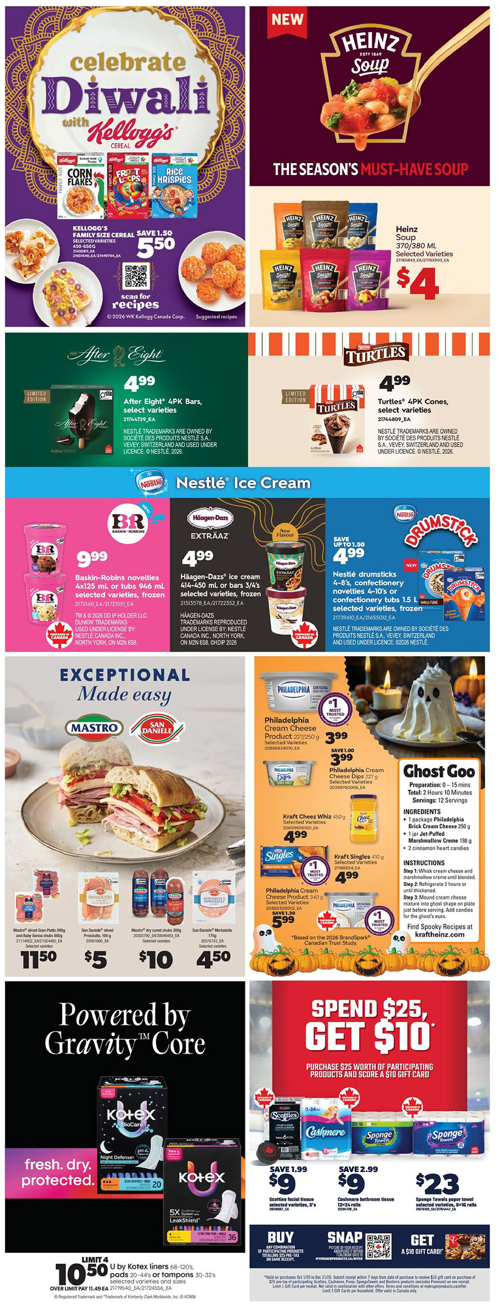 Real Canadian Superstore flyer page 36 featuring Kellogg's cereals like Corn Flakes, Froot Loops, and Rice Krispies celebrating Diwali, with Heinz Soup varieties on sale for $4. Nestlé Ice Cream includes After Eight 4PK bars for $4.99, Baskin-Robbins novelties for $9.99, Häagen-Dazs ice cream for $4.99, and Nestlé drumsticks for $4.99. Mastro sliced prosciutto and San Daniele sliced prosciutto are featured, along with Mastro dry cured salami and San Daniele mortadella. Philadelphia cream cheese is on sale for $3.99, with a save $1.00 offer. Kraft Singles are $4.99. The page also highlights Kotex liners, pads, and tampons for $10.50 (limit 4). A 'Spend $25, Get $10' gift card offer is available with the purchase of participating products, including Scotties facial tissue for $1.99, Cashmere bathroom tissue for $2.99, and Sponge Towels for $23. A 'Ghost Goo' recipe using Philadelphia Cream Cheese and marshmallow creme is also featured.