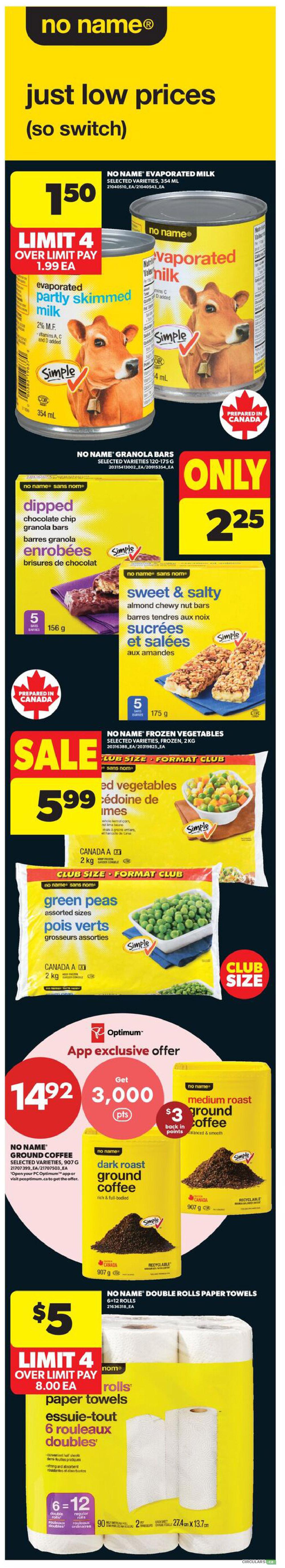 Real Canadian Superstore weekly flyer specials page 5 featuring 'just low prices (so switch)' deals. Offers include No Name Evaporated Milk for $1.50 each, limit 4. No Name Granola Bars, selected varieties, 120-175g, are only $2.25. No Name Frozen Vegetables, selected varieties, 2kg, are on sale for $5.99. Also featured is No Name Green Peas, assorted sizes, 2kg, available in Club Size. An app exclusive offer provides 3,000 Optimum points when purchasing No Name Medium Roast Ground Coffee, selected varieties, 907g, for $14.92, with $3 back in points. Finally, No Name Double Rolls Paper Towels, 6=12 rolls, are available for $5, limit 4.