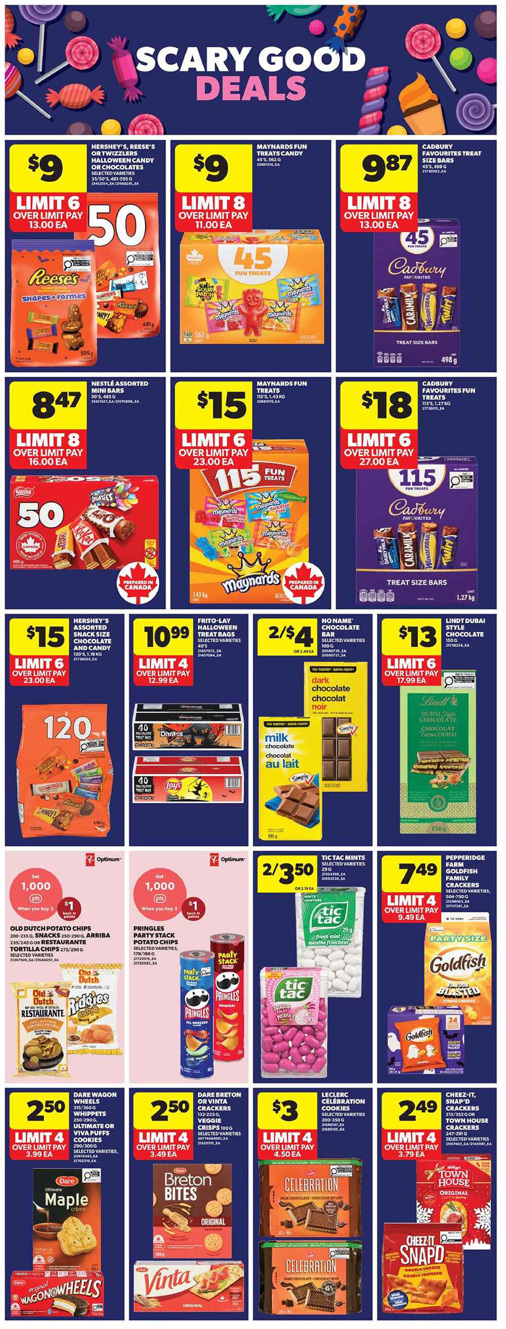 Real Canadian Superstore weekly flyer specials page 11, featuring 'Scary Good Deals' on Halloween candy and snacks. Offers include Hershey's, Reese's or Twizzlers Halloween candy or chocolates for $9 with a limit of 6, Maynards Fun Treats candy 45's for $9 with a limit of 8, and Cadbury Favourites Treat Size Bars 45's for $9.87 with a limit of 8. Also featured are Nestlé Assorted Mini Bars 50's for $8.47 with a limit of 8, Maynards Fun Treats 115's for $15 with a limit of 6, and Cadbury Favourites Fun Treats 115's for $18 with a limit of 6. Snack deals include 120 assorted snack size chocolates and candy for $15, Frito-Lay Halloween treat bags for $10.99 with a limit of 4, and No Name brand milk chocolate bars or dark chocolate bars for 2 for $4. Lindt Dubai Style Chocolate 150g is $13 with a limit of 6. Potato chip deals include Old Dutch Potato Chips 200-225g or Pringles Party Stack Potato Chips for 1,000 Optimum points when you buy 2, plus $1 back in points. Tic Tac Mints 29g are 2 for $3.50. Pepperidge Farm Goldfish Family Crackers 504-750g are $7.49 with a limit of 4. Other snack offers are Dare Wagon Wheels 315/360g or Vinta Puffs Cookies 290/300g for $2.50 with a limit of 4, Dare Breton or Vinta Veggie Crisps 100g for $2.50 with a limit of 4, Leclerc Celebration Cookies 200-350g for $3 with a limit of 4, and Cheez-It Snap'd or Town House Crackers 213/352g for $2.49 with a limit of 4.