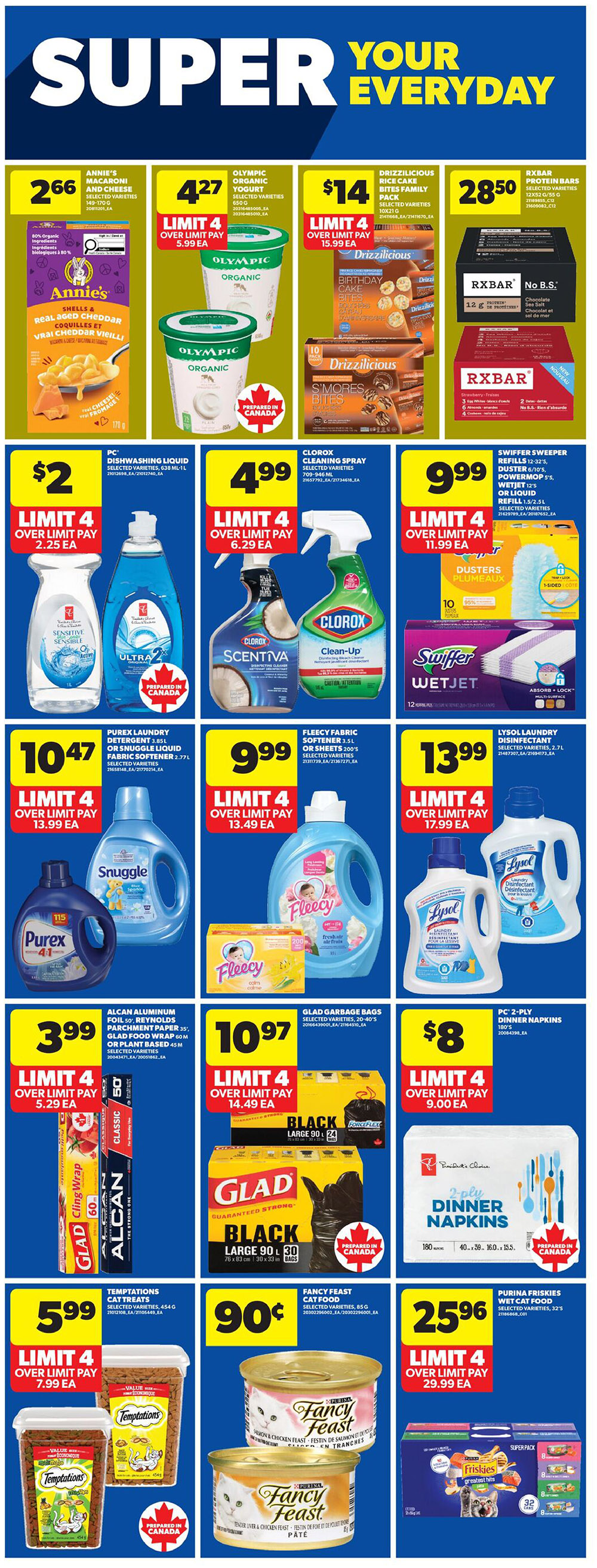 Real Canadian Superstore weekly flyer specials page 21 features Annie's Macaroni and Cheese for $2.66, Olympic Organic Yogurt for $4.27, and Drizzilicious Rice Cake Bites Family Pack for $14. RXBAR Protein Bars are $28.50. PC Dishwashing Liquid is $2, Clorox Cleaning Spray is $4.99, and Swiffer Sweeper Refills with Duster and Wetjet are $9.99. Purex Laundry Detergent and Snuggle Fabric Softener are $10.47, Fleecy Fabric Softener is $9.99, and Lysol Laundry Disinfectant is $13.99. Alcan Aluminum Foil, Reynolds Parchment Paper, and Glad Food Wrap are $3.99. Glad Garbage Bags are $10.97. PC 2-Ply Dinner Napkins are $8. Temptations Cat Treats are $5.99, Fancy Feast Cat Food cans are $0.90, and Purina Friskies Wet Cat Food Super Pack is $25.96.