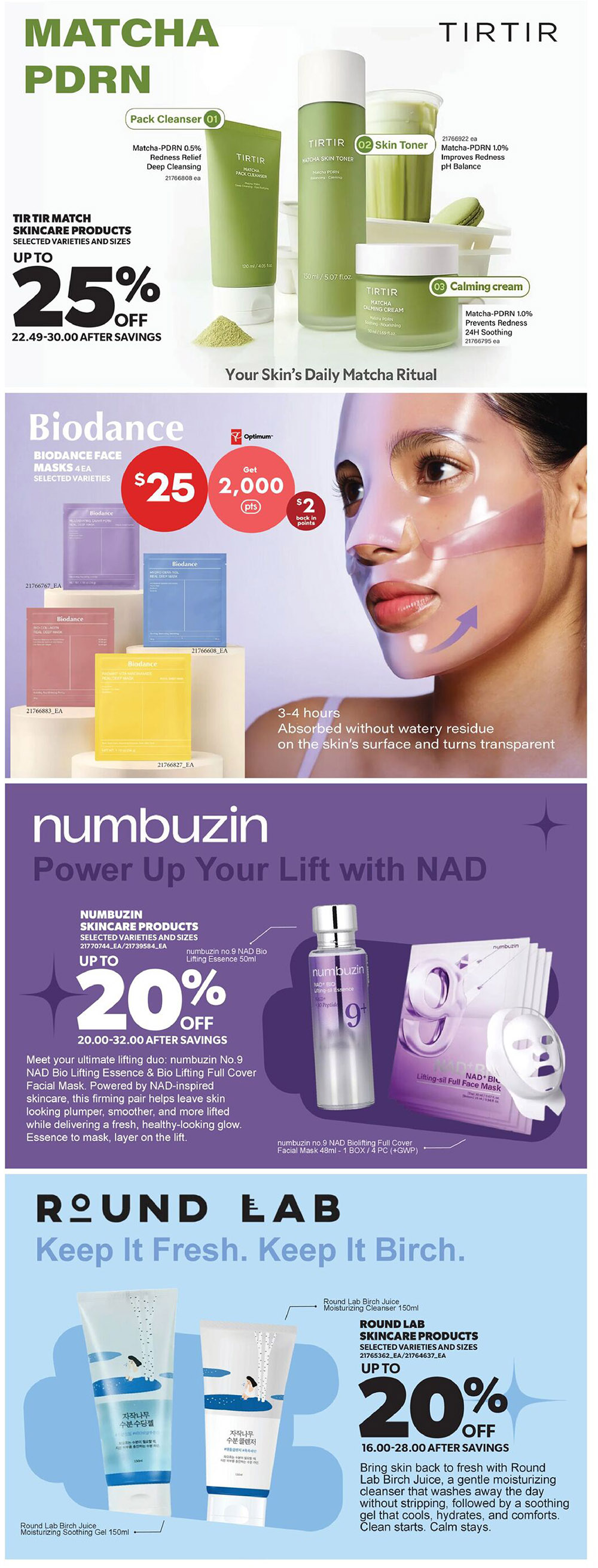 Real Canadian Superstore flyer page 26 features TIRTIR Matcha PDRN skincare products with up to 25% off selected varieties and sizes, including the Matcha-PDRN 0.5% Redness Relief Deep Cleansing pack cleanser, Matcha Skin Toner, and Calming Cream. Also featured are Biodance Face Masks 4EA selected varieties, on sale for $25 with 2,000 Optimum points back ($2 value). The page also highlights Numbuzin Skincare Products with up to 20% off, including the Numbuzin No.9 NAD Bio Lifting Essence 50ml and Numbuzin No.9 NAD Bio Lifting Full Cover Facial Mask 48ml (1 box/4 pcs). Finally, Round Lab Skincare Products are on sale for up to 20% off, featuring the Round Lab Birch Juice Moisturizing Cleanser 150ml.