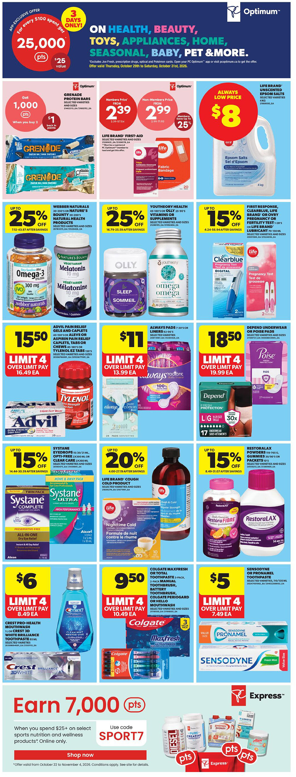 Real Canadian Superstore weekly flyer specials for Western Canada, page 27. App exclusive offer: Get 25,000 Optimum points ($25 value) when you spend $100, valid for 3 days only. Grenade Protein Bars are buy 2, get 1,000 points, or $1 back in points. Life Brand First Aid products are 25% off, with members paying $2.39 and non-members $2.99. Life Brand Unscented Epsom Salts are always low price at $8. Webber Naturals or Nature's Bounty products are up to 25% off. Youthology Health vitamins or supplements are up to 25% off. First Response, Clearblue, Life Brand pregnancy or ovulation tests and lubricant are up to 15% off. Advil Pain Relief Gels and Caplets, Tylenol or Aleve or Aspirin Pain Relief Caplets are $15.50, limit 4. Always Pads or Liners are $11, limit 4. Depend Underwear or Pose Pads are $18.50, limit 4. Systane Eye Drops are up to 15% off. Life Brand Cough Cold product is up to 20% off. Restoralax Powders or Gummies are up to 15% off. Crest Pro-Health Mouthwash or Crest 3D White Toothpaste is $6, limit 4. Colgate MaxFresh Toothpaste 3-pack or manual toothbrushes are $9.50, limit 4. Sensodyne or Pronamel Toothpaste is $5, limit 4. Earn 7,000 Optimum points when you spend $25+ on select sports nutrition and wellness products online with code SPORT7.