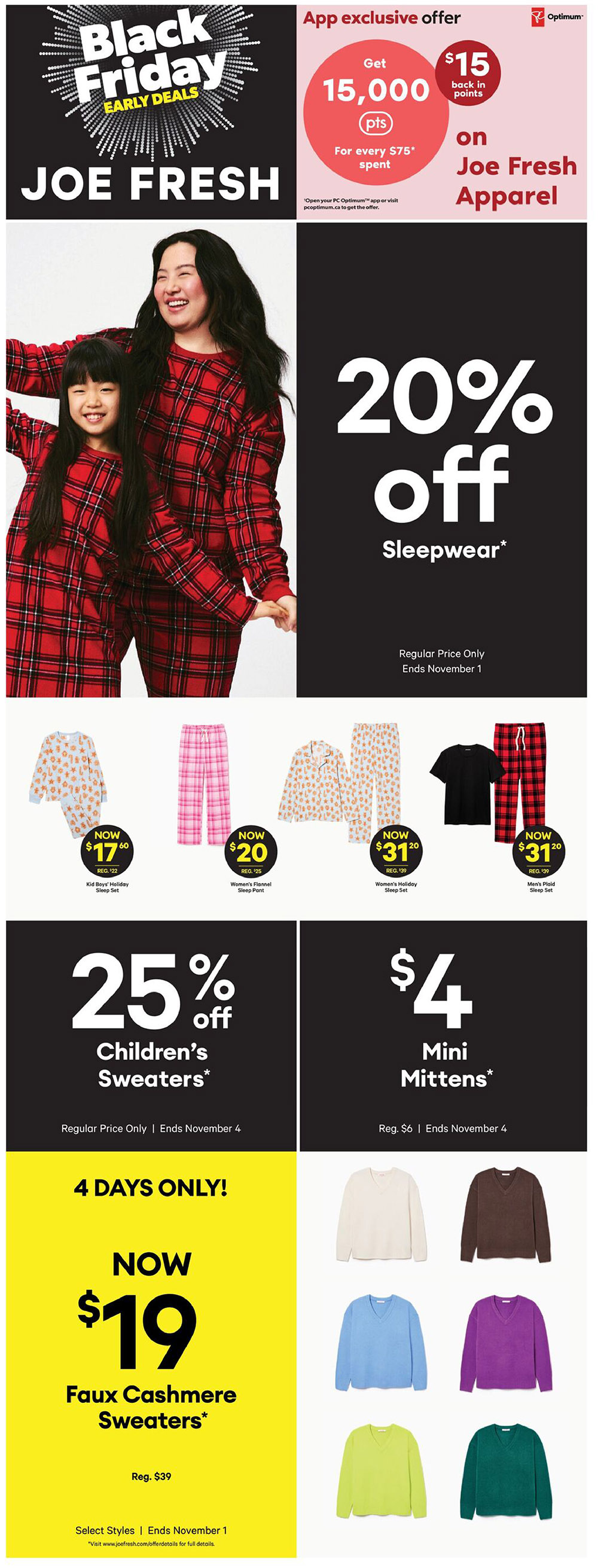 Real Canadian Superstore flyer page 36 featuring Joe Fresh Black Friday Early Deals. App exclusive offer: Get 15,000 PC Optimum points back in points for every $75 spent on Joe Fresh Apparel. Enjoy 20% off Sleepwear, regular price only, ends November 1. Featured sleepwear includes Kid Boys' Holiday Sleep Set now $17.60 (reg. $22), Women's Flannel Sleep Pant now $20 (reg. $25), Women's Holiday Sleep Set now $31.20 (reg. $39), and Men's Plaid Sleep Set now $31.20 (reg. $39). Also, get 25% off Children's Sweaters, regular price only, ends November 4. For 4 days only, Faux Cashmere Sweaters are now $19 (reg. $39), select styles, ends November 1. Mini Mittens are $4 (reg. $6), ends November 4. Several colours of v-neck sweaters are displayed.