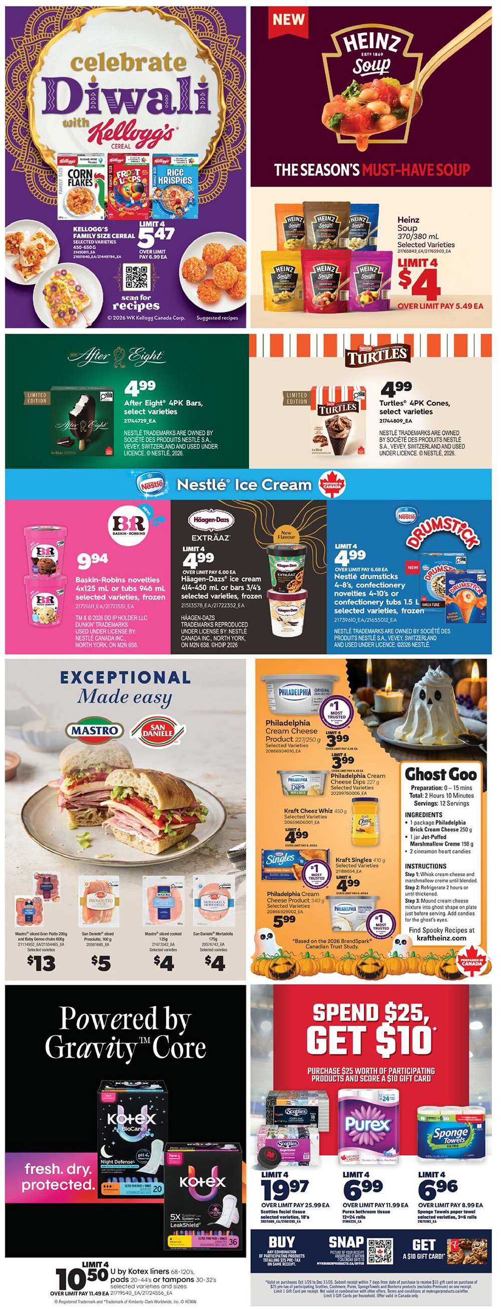 Real Canadian Superstore weekly flyer specials page 37 features a 'Celebrate Diwali with Kellogg's' promotion with Kellogg's Family Size Cereal (Corn Flakes, Froot Loops, Rice Krispies) for $5.47, limit 4. Also featured are Heinz Soup 370/380 mL selected varieties for $4, limit 4. Nestlé Ice Cream promotions include After Eight 4PK Bars for $4.99, Turtles 4PK Cones for $4.99, Baskin-Robbins novelties or tubs for $9.99, Häagen-Dazs Ice Cream 414-450 mL or bars for $4.99, and Nestlé Drumstick 4-8's or confectioneries for $4.99. 'Exceptional Made Easy' section showcases Mastro Sliced Prosciutto for $13, Mastro Sliced Cooked Ham for $4, San Daniele Sliced Prosciutto for $5, and San Daniele Mortadella for $4. On the right side, Philadelphia Cream Cheese 227/250 g is $3.99, limit 4, and Philadelphia Cream Cheese Dips 227 g is $3.99, limit 4. Kraft Cheese Whiz 450 g is $4.99, limit 4, and Kraft Singles 410 g is $4.99, limit 4. Philadelphia Cream Cheese 340 g is $5.99. The 'Powered by Gravity Core' section highlights Kotex liners 68-120's or pads/tampons 30-32's for $10.50, limit 4. A 'Spend $25, Get $10' gift card offer is available with the purchase of $25 worth of participating products, including Scotties facial tissues 10's for $19.97 (limit 4), Purex Bathroom Tissue 12-24 rolls for $6.99 (limit 4), and Sponge Towels 6-8 rolls for $6.96 (limit 4).