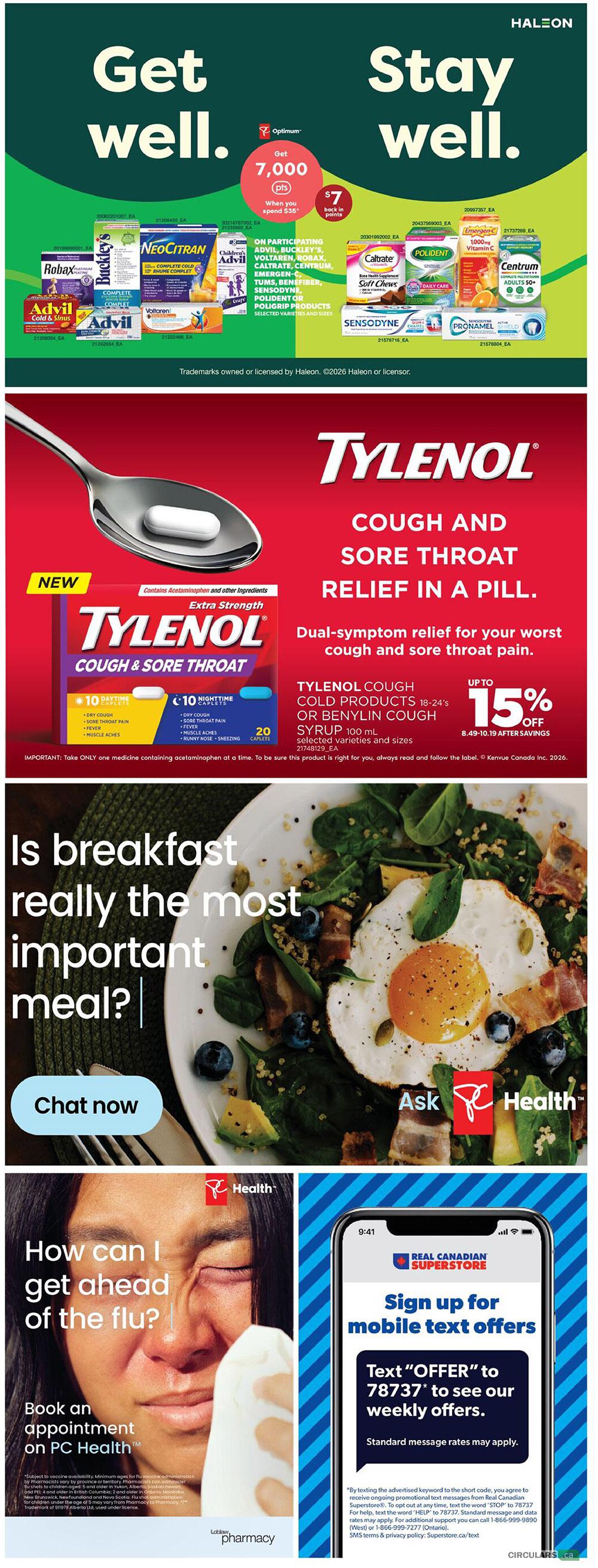 Real Canadian Superstore flyer page 38 featuring health and wellness products. Top section highlights 'Get well. Stay well.' with offers on participating Robax, NeoCitran, Advil, Buckley's, Voltaren, Caltrate, Centrum, Emergen-C, Tums, Benylin, Sensodyne, and Poligrip products, including 7,000 Optimum points when you spend $35 and $7 back in points. The middle section features Tylenol Cough and Sore Throat relief, with Tylenol Cough Cold Products 18-24's or Benylin Cough Syrup 100 mL on sale for up to 15% off. The bottom left section asks 'How can I get ahead of the flu?' and promotes booking an appointment on PC Health. The bottom right section shows a mobile phone screen inviting users to 'Sign up for mobile text offers' by texting 'OFFER' to 78737 to see weekly offers.